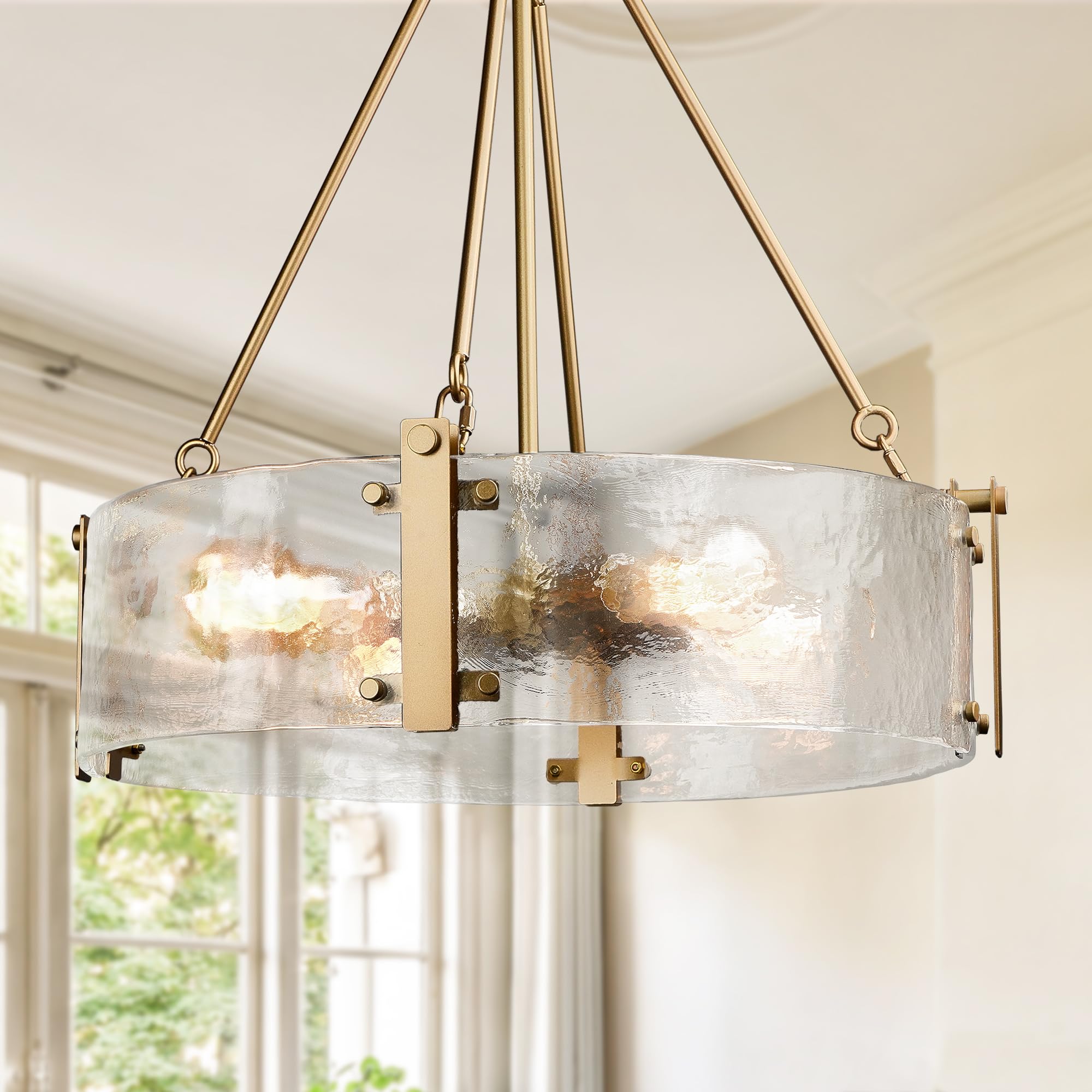 Modern Textured Glass Chandelier, Gold Dining Room Chandelier, Elegant Drum Farmhouse Crystal Light Fixture, Round Lighting for Living Room, Foyer Kitchen Island Bedroom Bathroom D=21