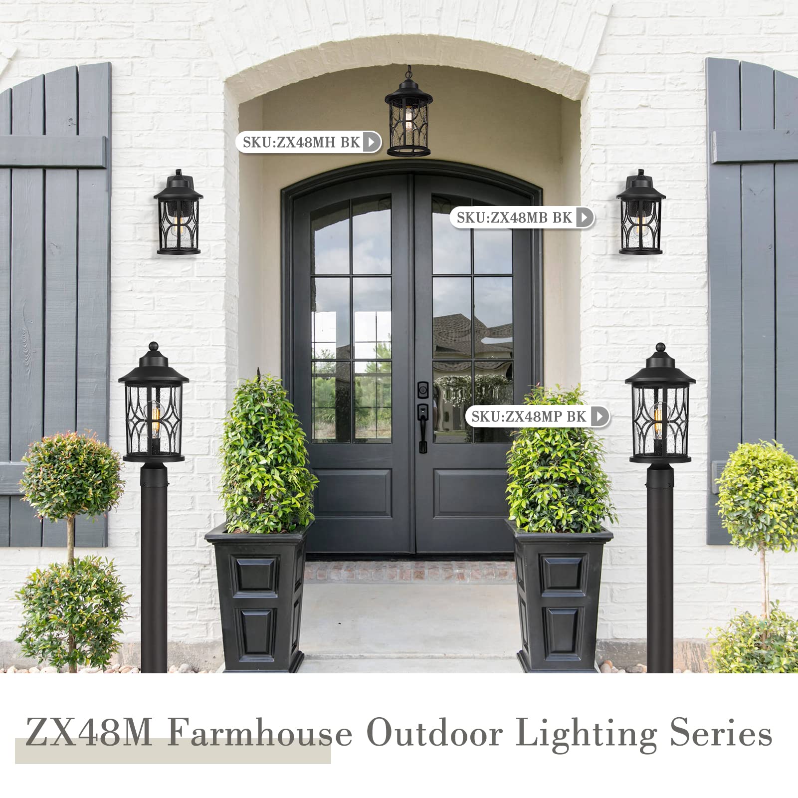 Outdoor Pendant Light for Porch - 12 Inch Farmhouse Exterior Hanging Lantern with Seeded Glass, Black Finish, ZX48H BK