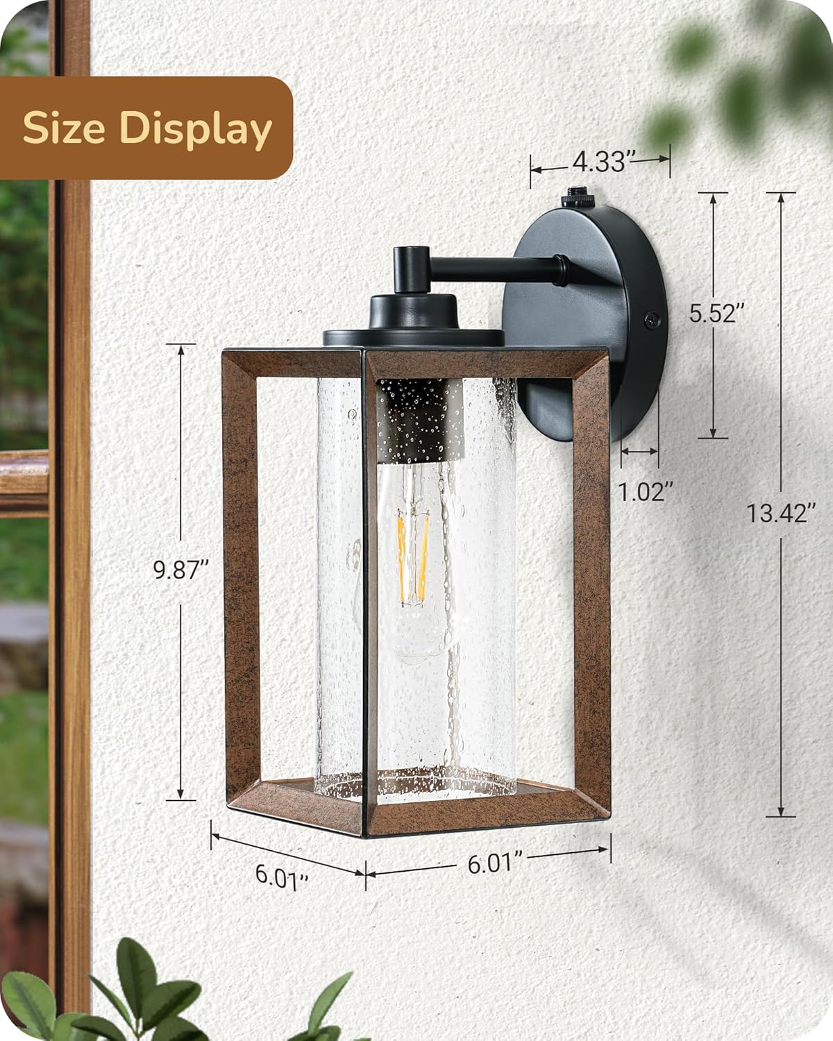 Outdoor Wall Lights, Farmhouse Exterior Lighting Fixtures with Seeded Glass, Wood Grain Finish Porch Light Wall Mount Lantern Waterproof Outside Wall Sconce Lamp, E26 Base