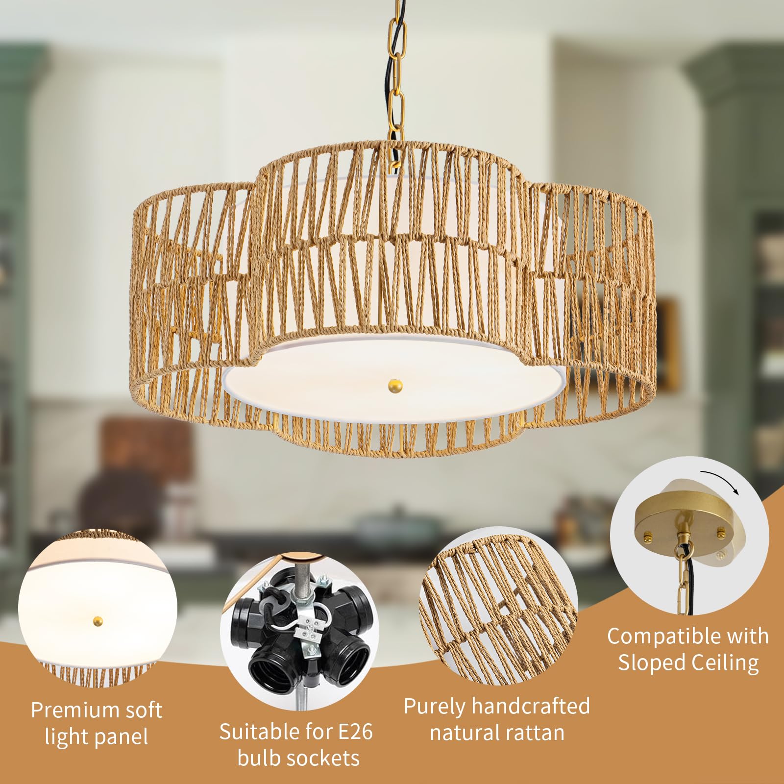 4-Light Rattan Semi Flush Mount Ceiling Light, 15" Boho Light Fixture with Hand-Woven Rattan Shade in Quatrefoil Shape, Farmhouse Boho Chandelier Wicker Light Fixture for Kitchen Bedroom Foyer