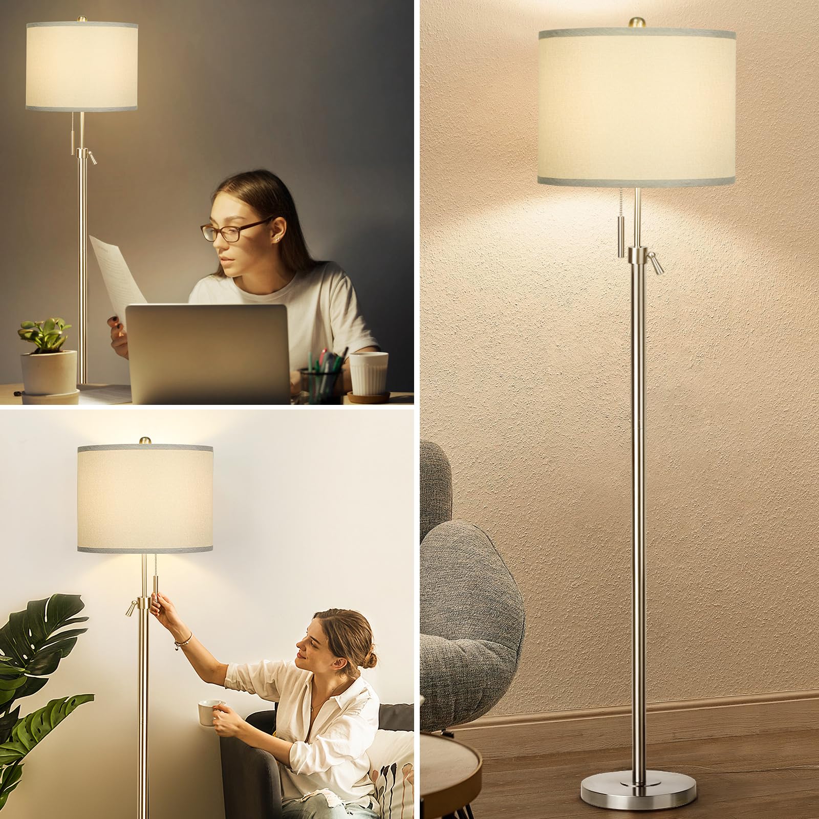 Floor Lamp for Living Room Adjustable Tall Standing Lamp, 3-Way Dimmable Floor Lamp for Bedroom Office, Black Gold Lamp with Marble Base and White Linen Shade, 6W 3000K LED Blub Included