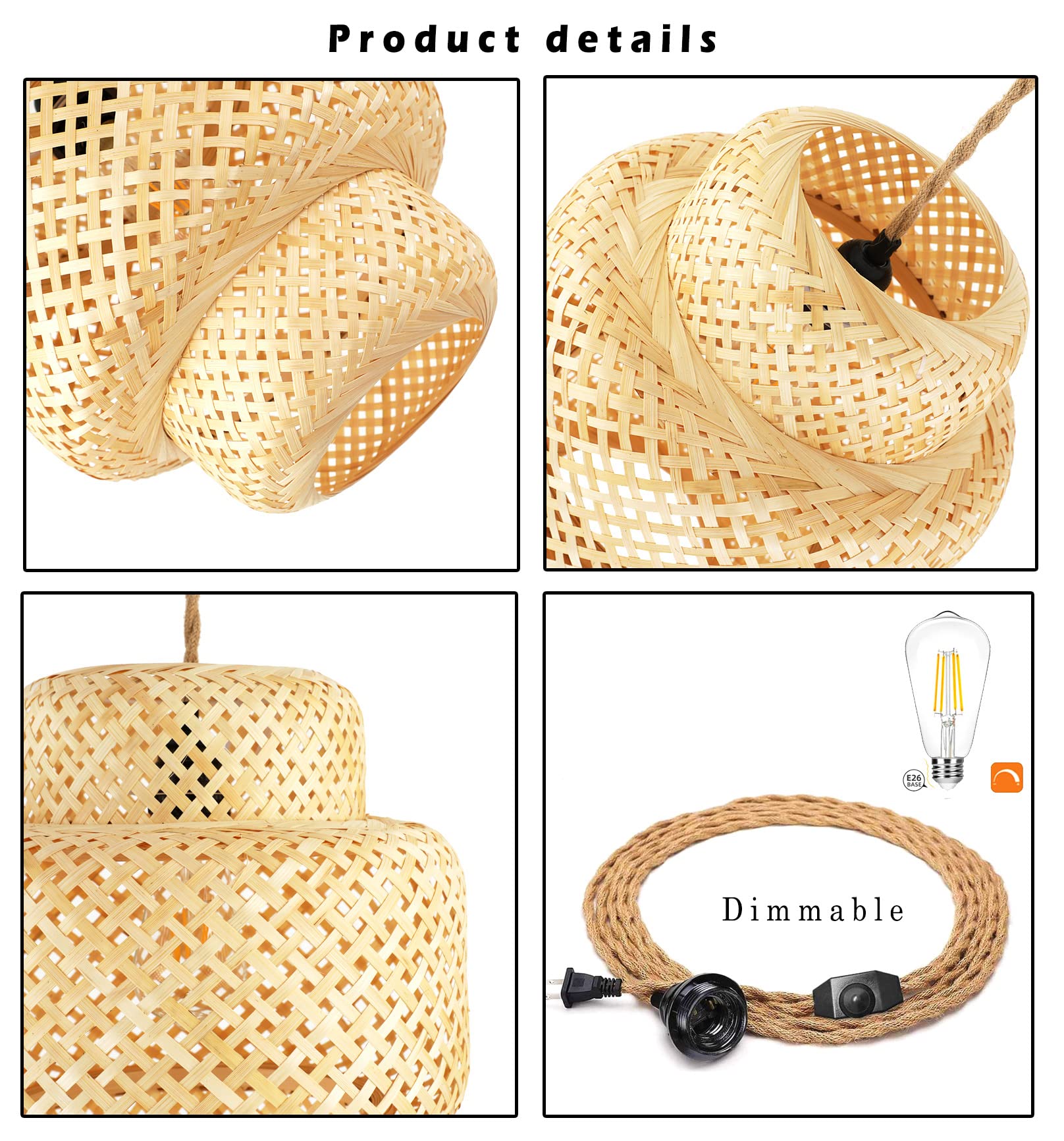 Plug in Pendant Light Rattan Hanging Lights with Plug in Cord Bamboo Hanging Lamp Dimmable,Handmade Woven Boho Wicker Basket Lamp Shade,Plug in Ceiling Light Fixture for Living Room Bedroom Kitchen