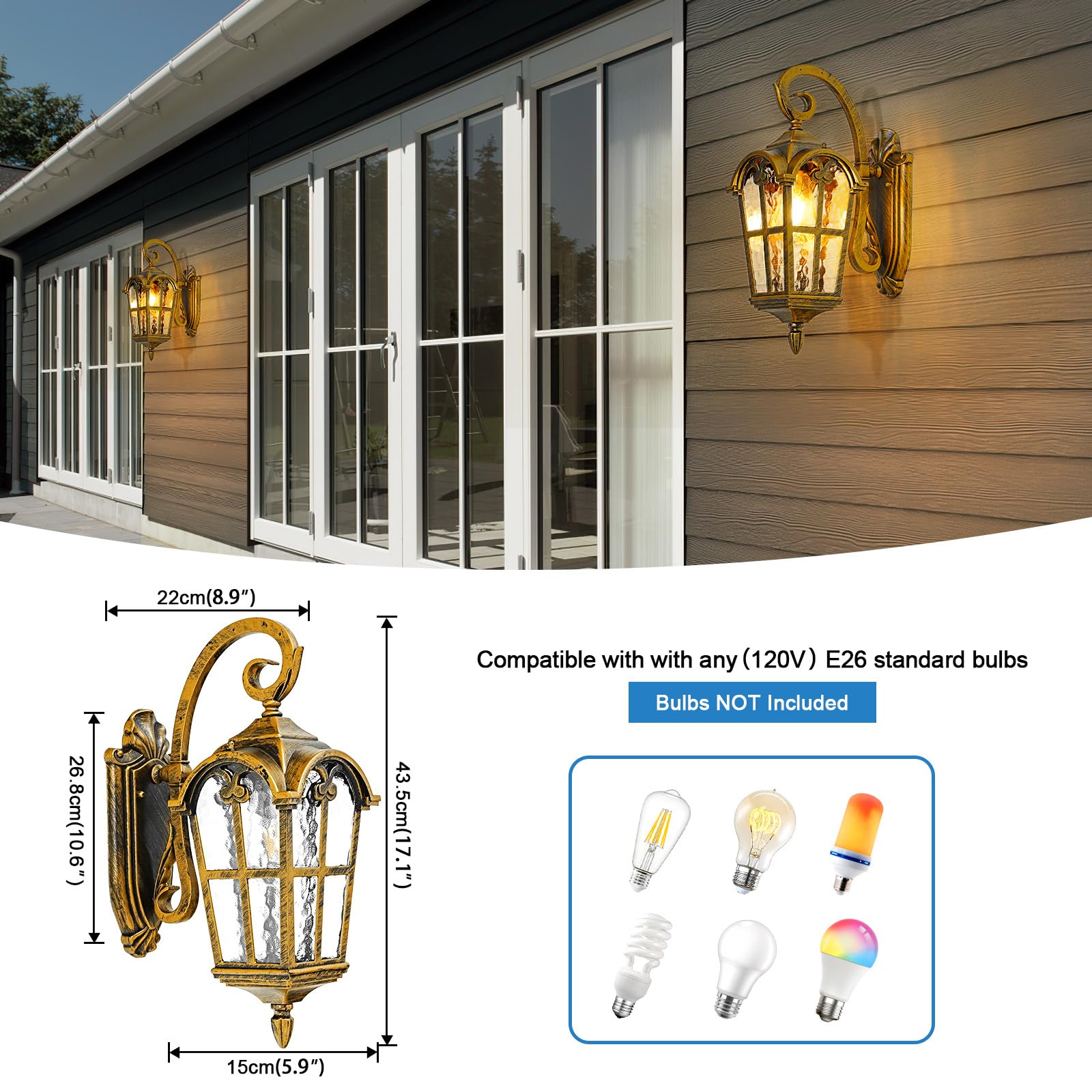 Gold Outdoor Wall Light for House Porch Hallway Doorway Patio Garden, Anti-Rust Aluminum Exterior Wall Sconce Light Fixtures Wall Mount Waterproof Wall Lantern with Water Ripple Glass