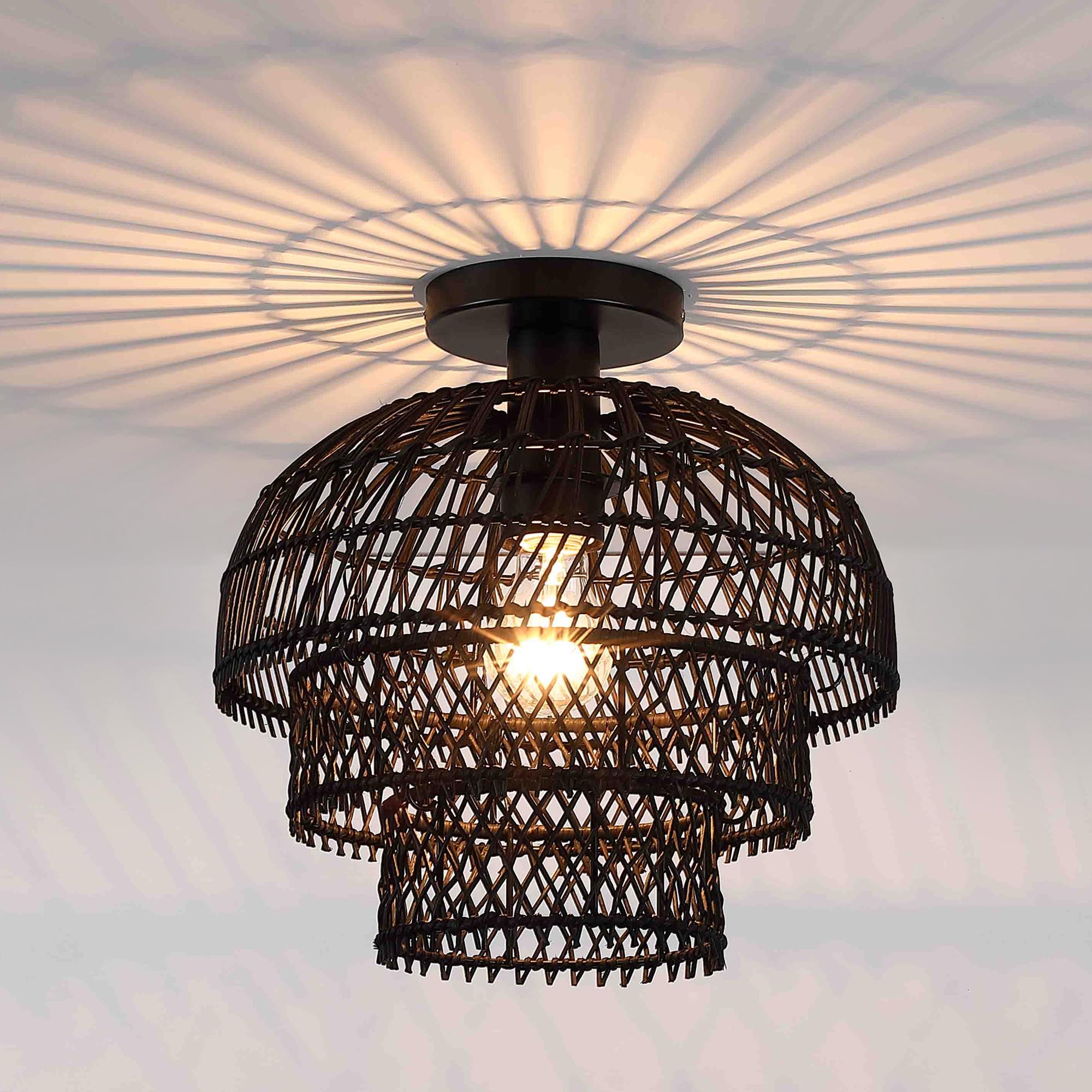 12'' Rattan Ceiling Light Fixtures Boho Chandelier Rattan Semi Flush Mount Ceiling Light with Tiered Wicker Lampshade,Farmhouse Ceiling Light Fixtures for Bedroom Entryway Living Room Nursery