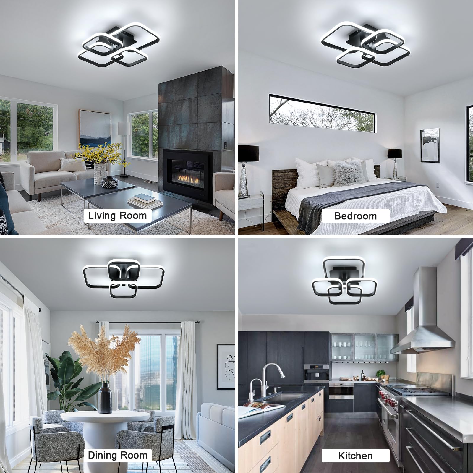 Modern LED Ceiling Light - 60W 4500K Black Semi Flush Mount Ceiling Light Fixtures, 4-Square Design Ceiling Lamp for Living Room, Kitchen, Bedroom, Dining Room