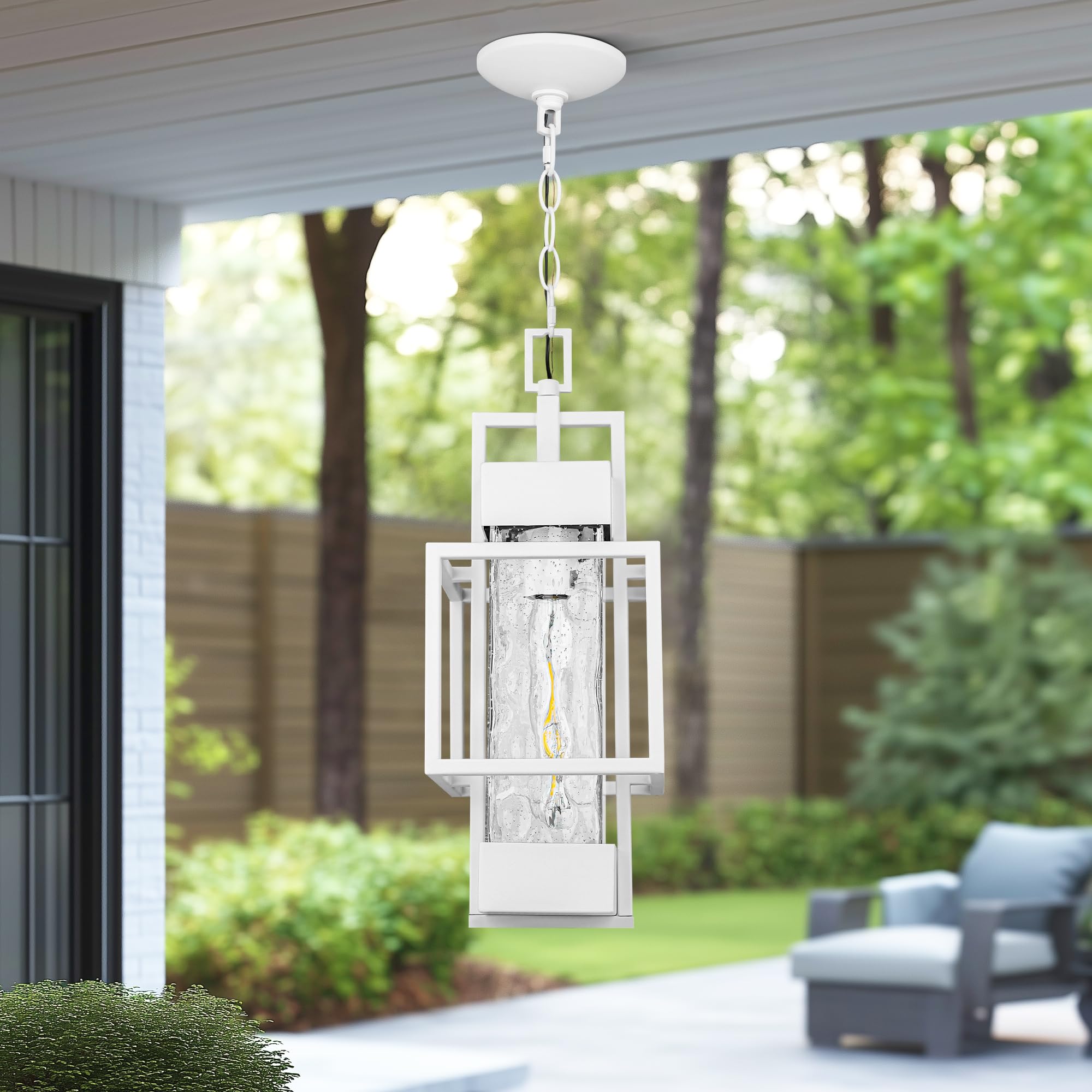 15" Outdoor Indoor Pendant Light Exterior Hanging Lantern, Modern Metal Outside Chandelier Light Fixture Ceiling Mount with Water Glass for Front Porch Entrance Foyer Entryway, Oil Rubbed Bronze