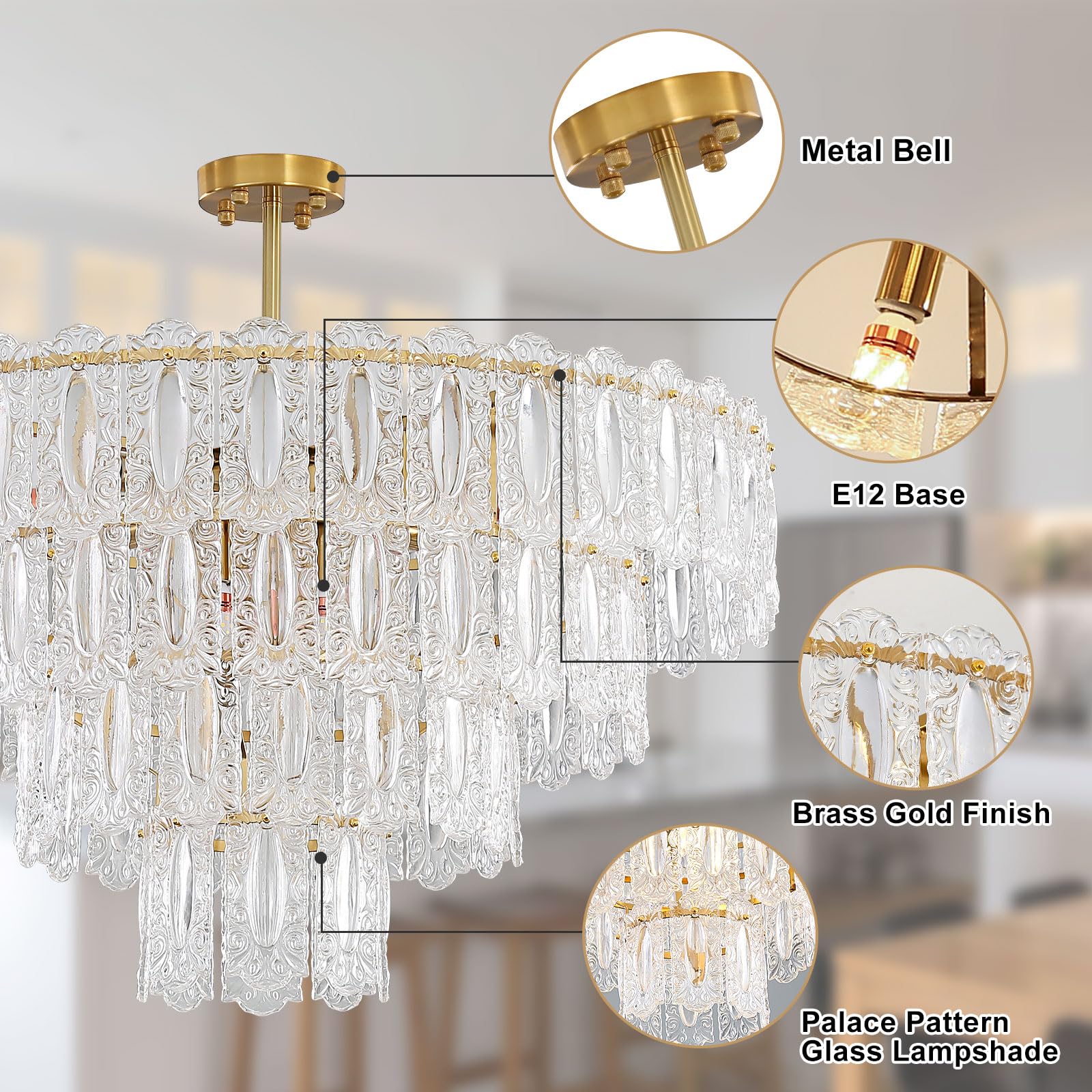 Wansi Modern Crystal Chandeliers for Bedroom: 24" Gold Crystal Hanging Ceiling Light Fixture with 3 Tiers French Glass Lampshade - Semi Flush Mount Chandelier for Dining Room Kitchen Included Bulbs