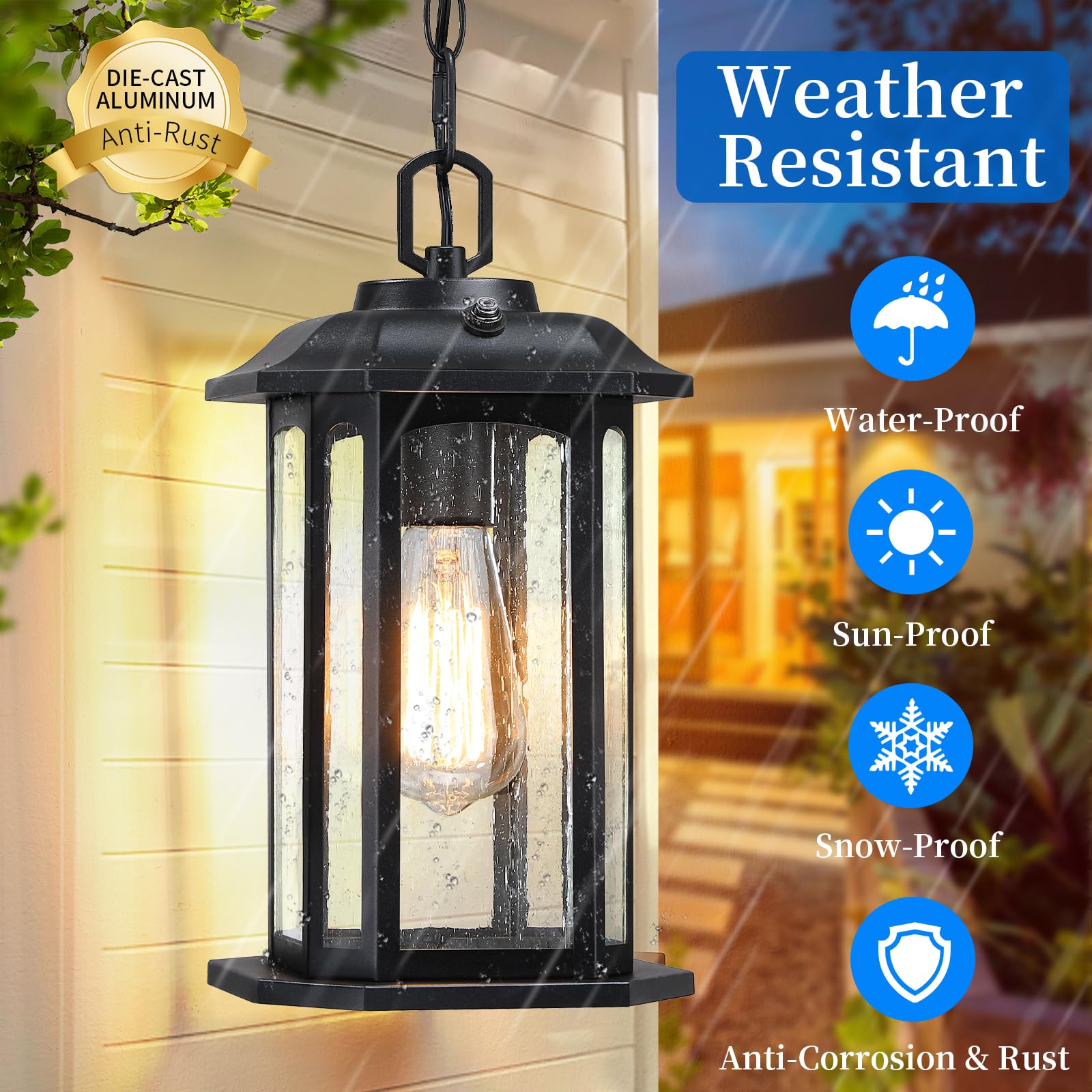 Outdoor Pendant Lights for Porch, Black Hanging Porch Light with Seeded Glass, Waterproof Outdoor Chandelier Farmhouse Outdoor Ceiling Light Fixture Lanterns, 1Pack