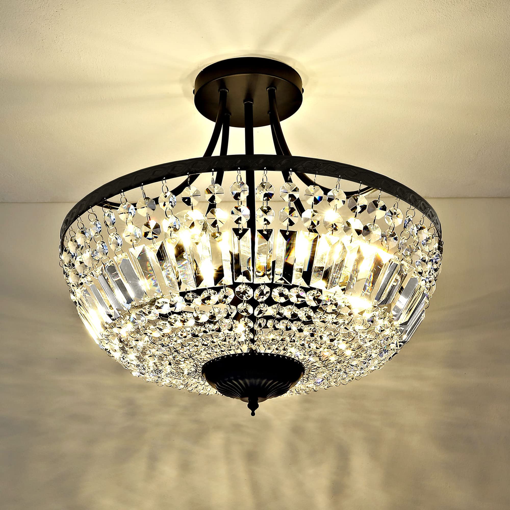 19.5 Inch Crystal Ceiling Light Fixture, 5-Light Raindrop Semi Flush Mount Chandelier, Modern Round Close to Ceiling Hanging Light for Living Room Dining Room Bedroom Hallway, Black