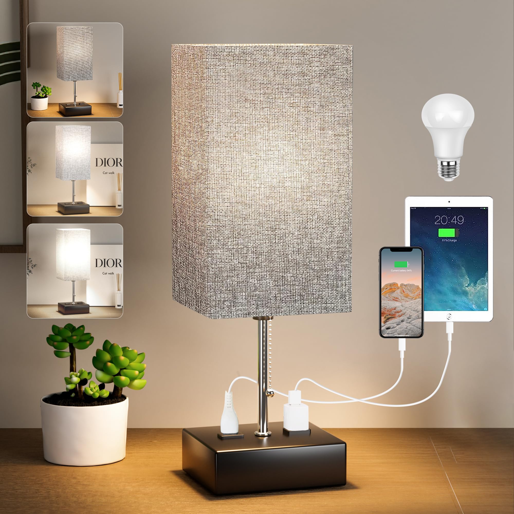 3 Color Temperature Bedside Lamp with USB C and USB A Ports Grey Table Lamps for Bedroom Nightstand Small Lamps Bed Lamp Desk Lamps by Pull Chain (Bulb Included)