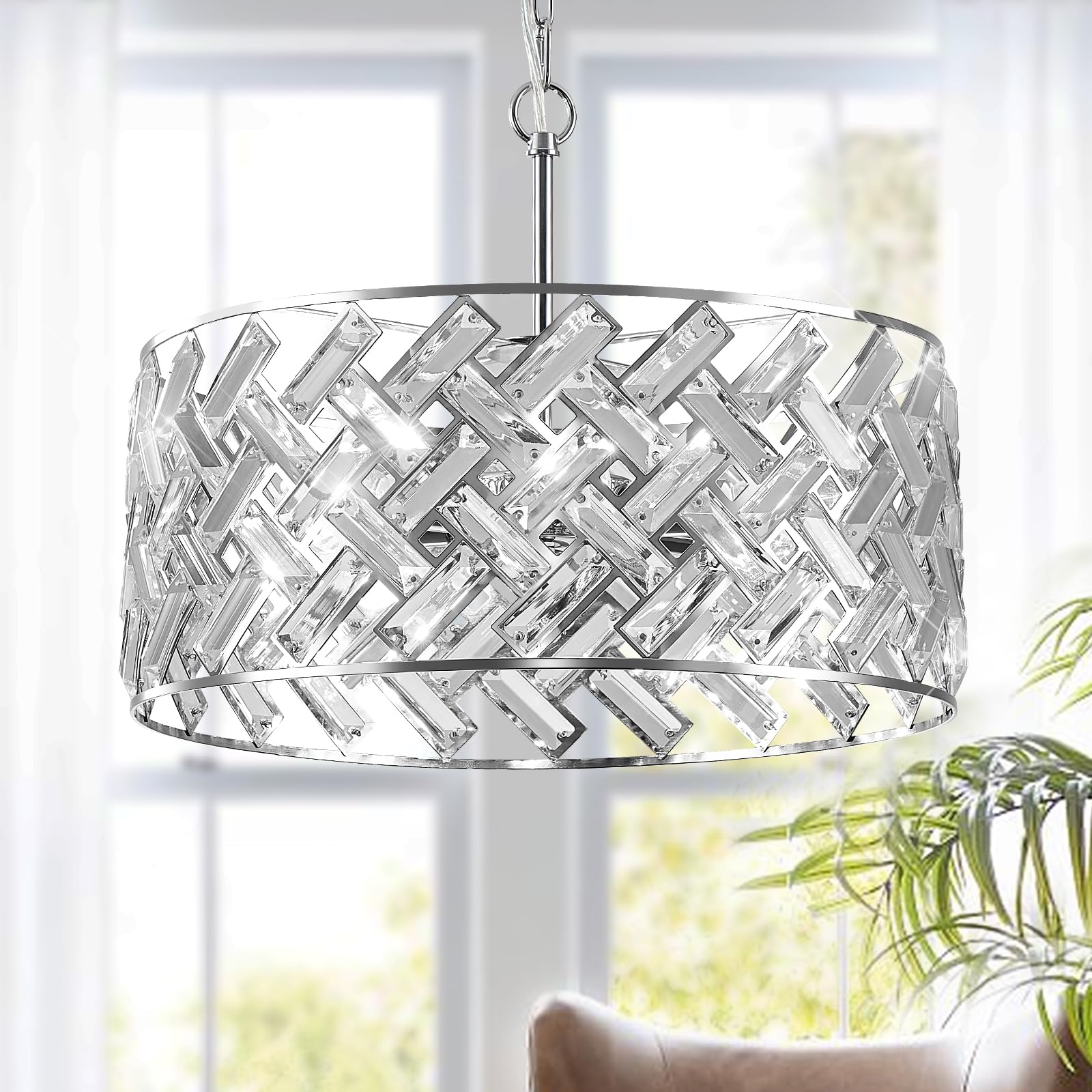 Gold Crystal Chandeliers, Modern Semi Flush Mount Chandelier 4-Ligh Drum Crystal Ceiling Pendant Light Fixture 12” for Foyer Entryway Kitchen Hallway Dining Room