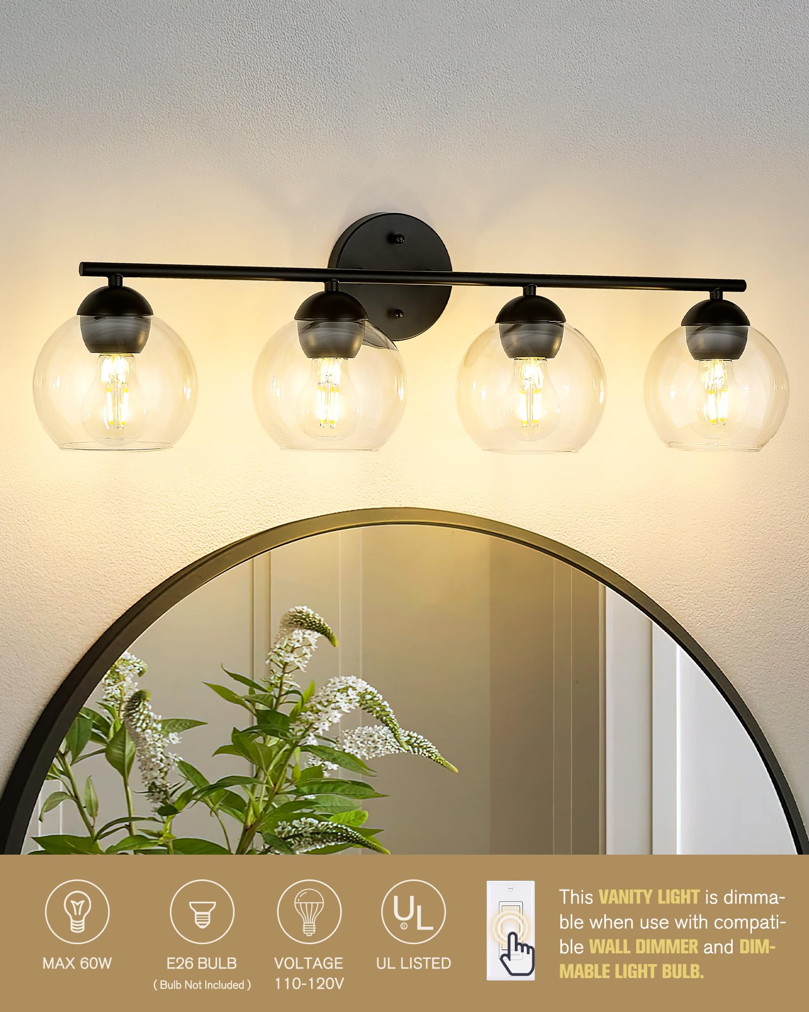 Black Vanity Lights for Mirror, Modern Farmhouse 2-Light Bathroom Light Fixtures Globe Bathroom Vanity Light with Milk Glass Shade, VL114-BK-ML-2