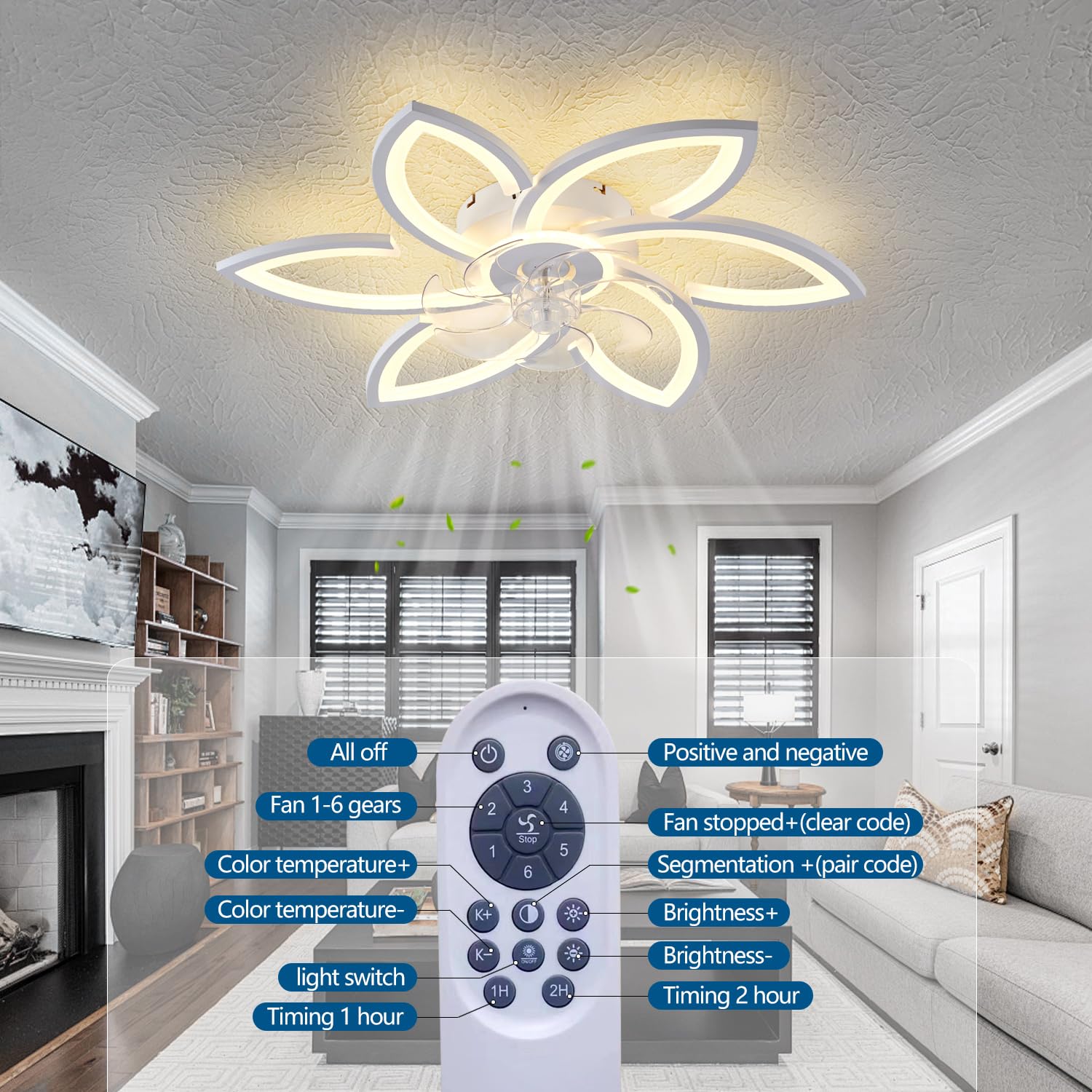 Ceiling Fan with Lights Remote Control, 24" Black, 6 Speeds 3 Light Color Low Profile Flush Mount Ceiling Fan for Kitchen Bedroom