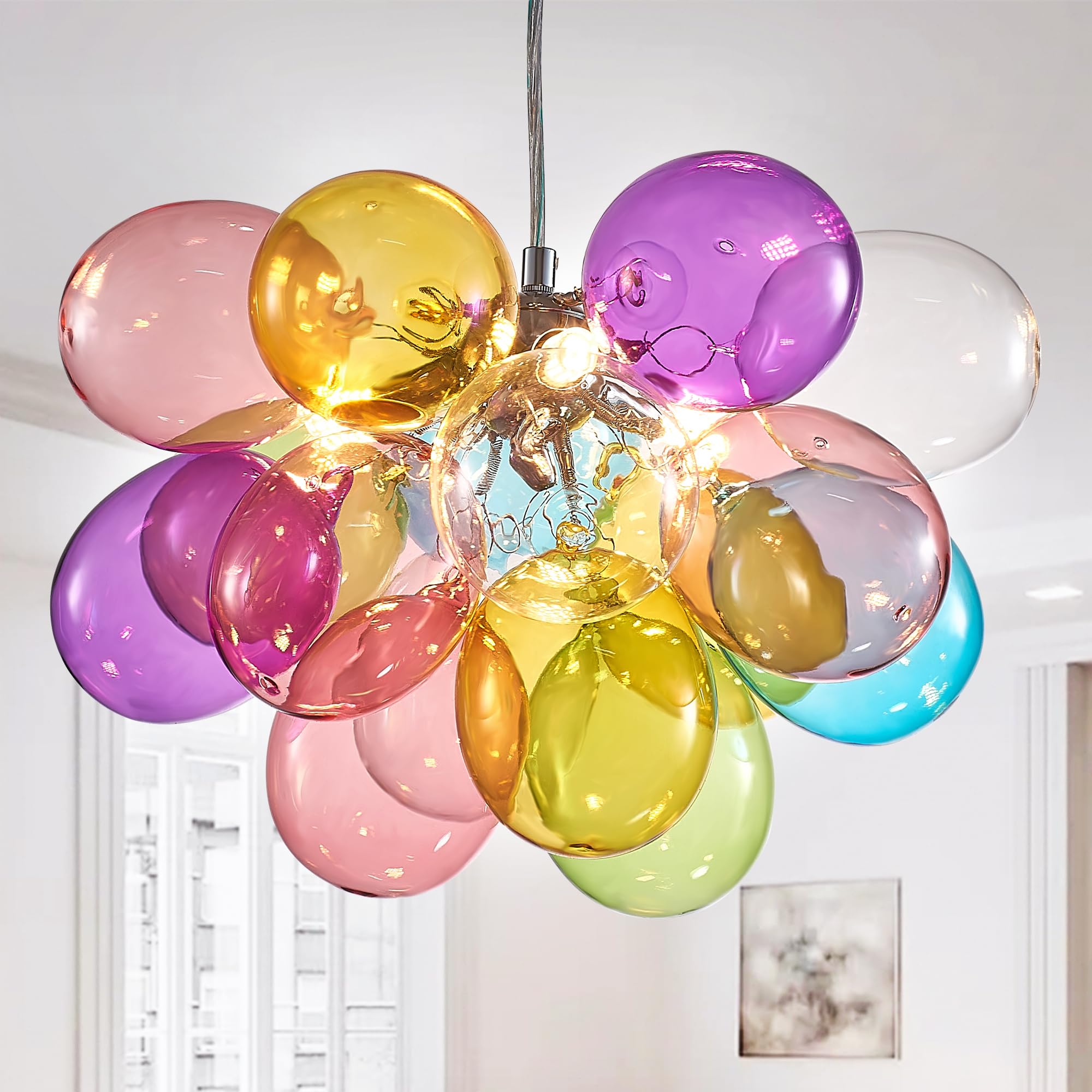 Semi Flush Mount Ceiling Bubble Ball Chandelier Lighting Dia 20 Inch Gold Clear Ribbed Blown Glass Chandeliers Ceiling Medallions Light Fixtures for Bedroom, Living Room, Entry, Bathroom