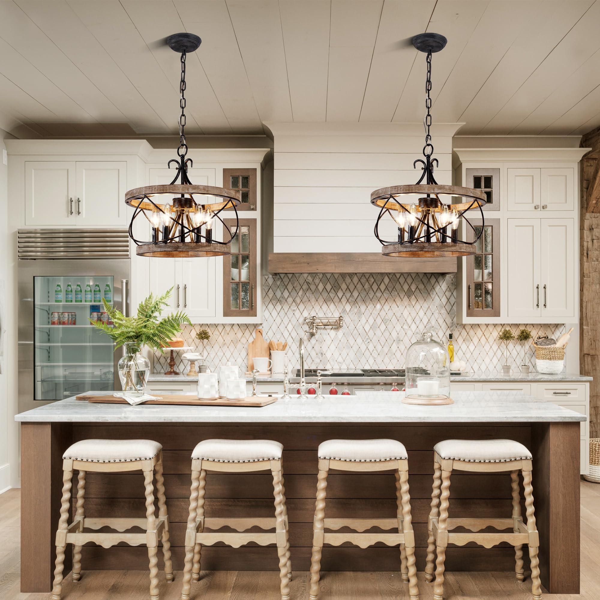 Rustic Farmhouse Chandelier, 4-Light Handmade Wood Pendant for Kitchen, Dining, Foyer, W19.7 x H21.6, Weathered Wood