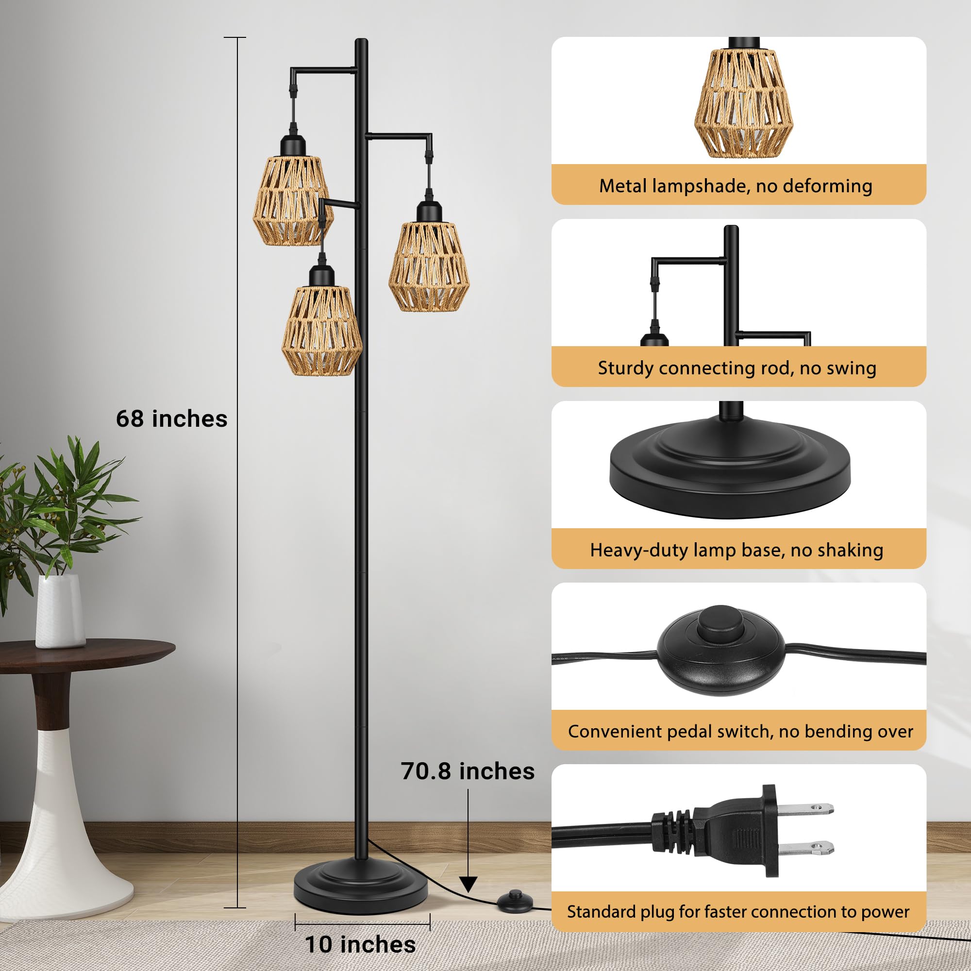 Industrial Floor Lamps for Living Room, Tree Standing Lamp with 3 Teardrop Cage Shades, 68" Modern Tall Lamps for Bedroom Office Home Light Decor, E26 Socket, Pedal Switch, Brass Gold