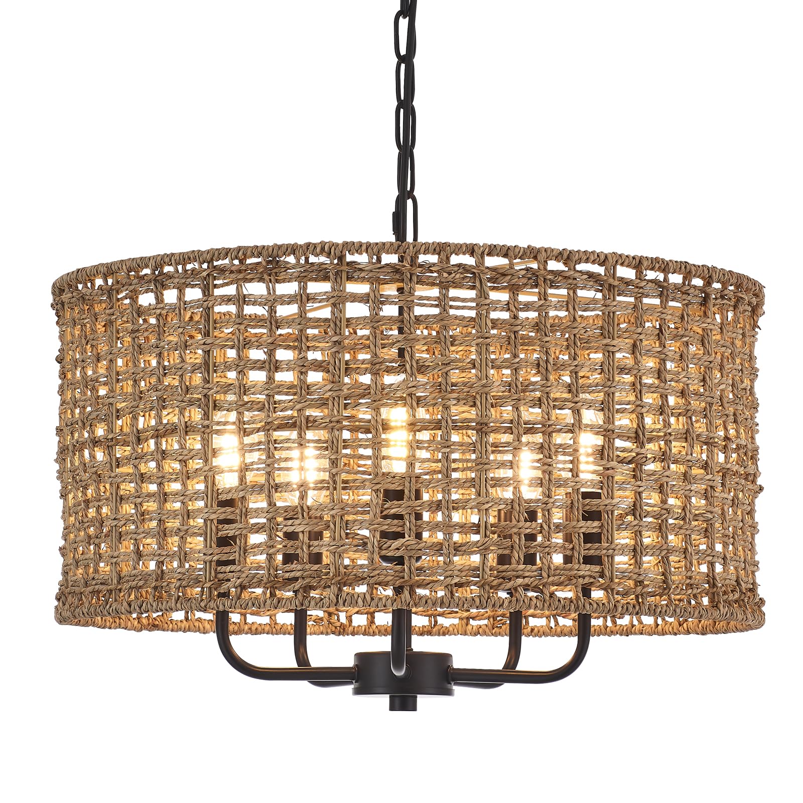 Hand-Woven Rattan Chandelier Vintage Farmhouse Boho Bamboo Chandelier Light Fixture Rustic Retro 5-Lights Drum Wicker Rattan Black Chandelier for Dining Room, Kitchen, Living Room, E12