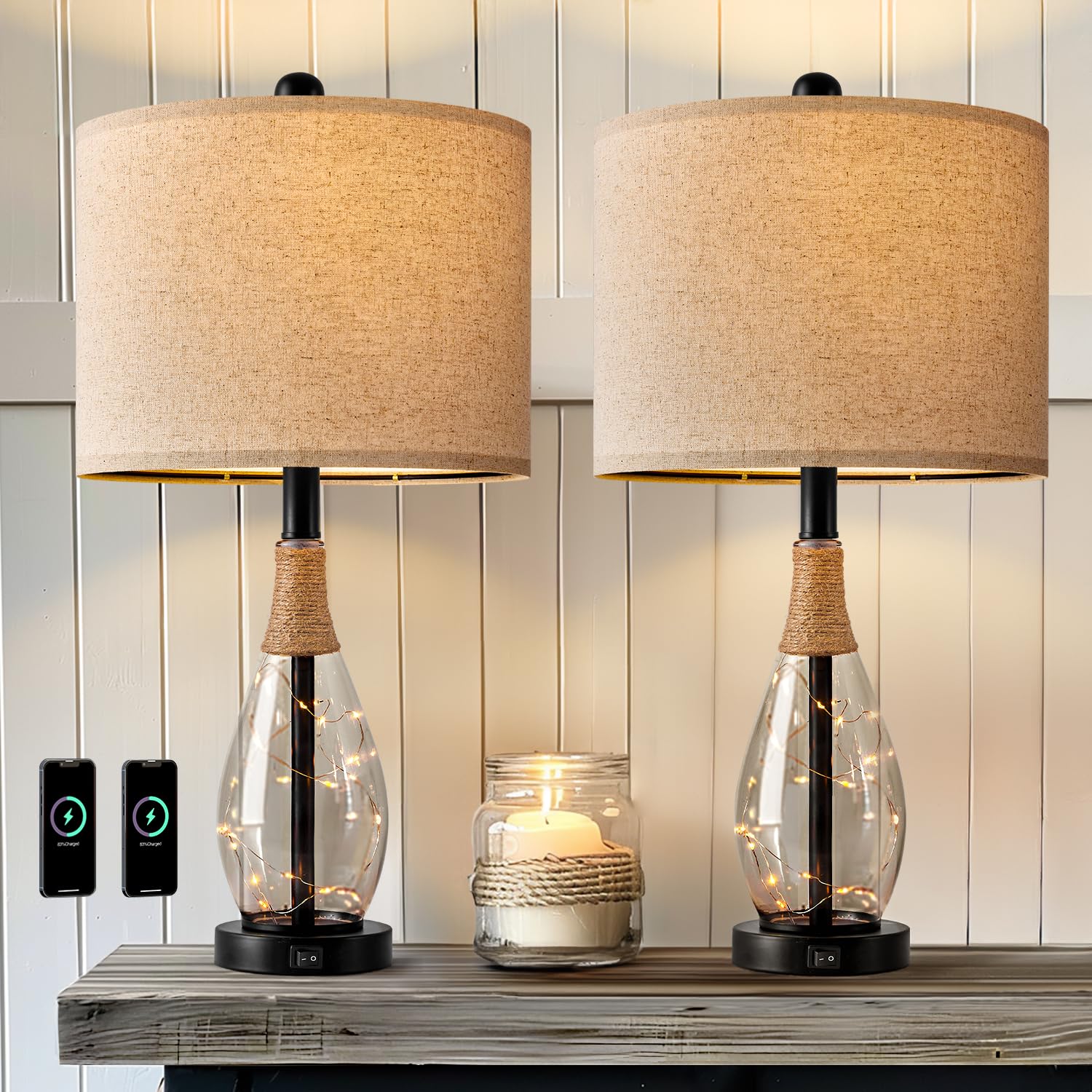 23" Table Lamps for Living Room Set of 2 Bedside Lamps for Night Stands Bedroom Lamps Farmhouse Rattan Boho Lamp Glass Nightlight End Table Lamp with USB C+A (White)