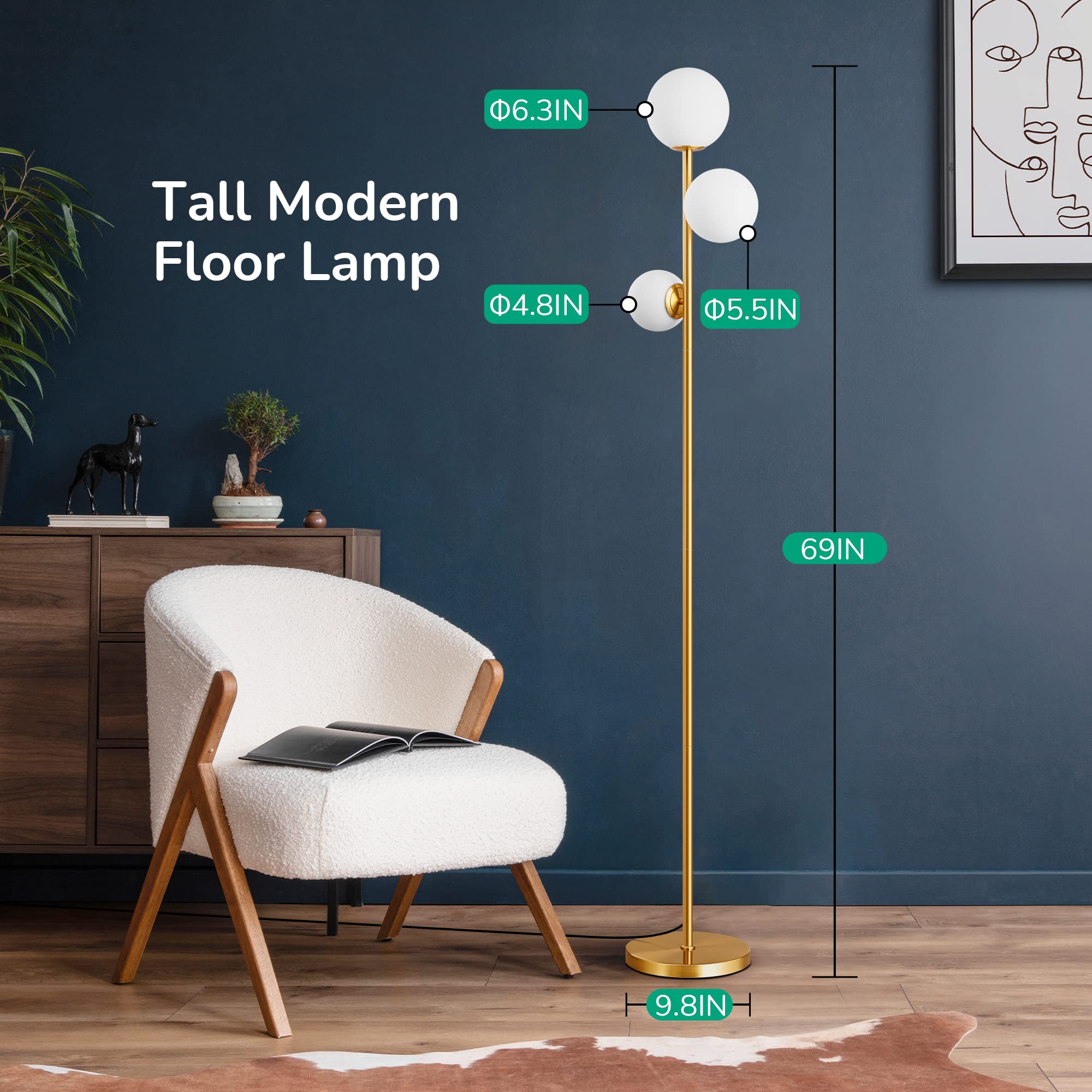 67.5in Mid Century Modern Globe Floor Lamp, Upgraded Dimmable Gold Standing Lamps for Living Room, Frosted Glass Shade, LED Tall Pole Lamp for Bedroom-Brass Plating