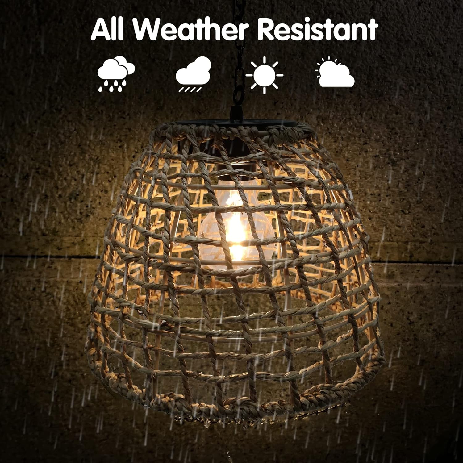 Battery Operated Outdoor Hanging Light Seagrass Woven Waterproof Porch Gazebo Patio Pendant Lantern Chandelier Lighting Decorative Hollow-Out Auto On/Off Warm White Bulb