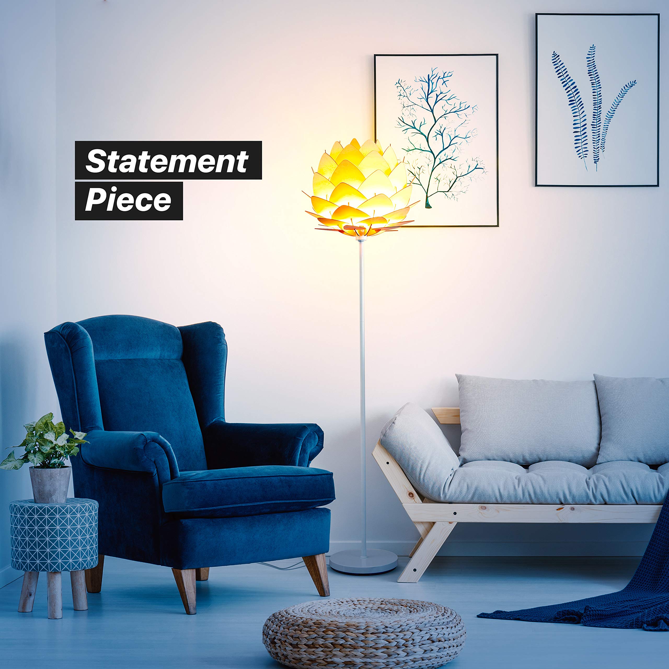 LED Floor Lamp, Great Living Room Décor, Modern Lamp for Living Rooms & Offices, Bohemian Standing Lamp for Bedroom Reading, Tall Lamp with Multi-Panel Wooden Shade