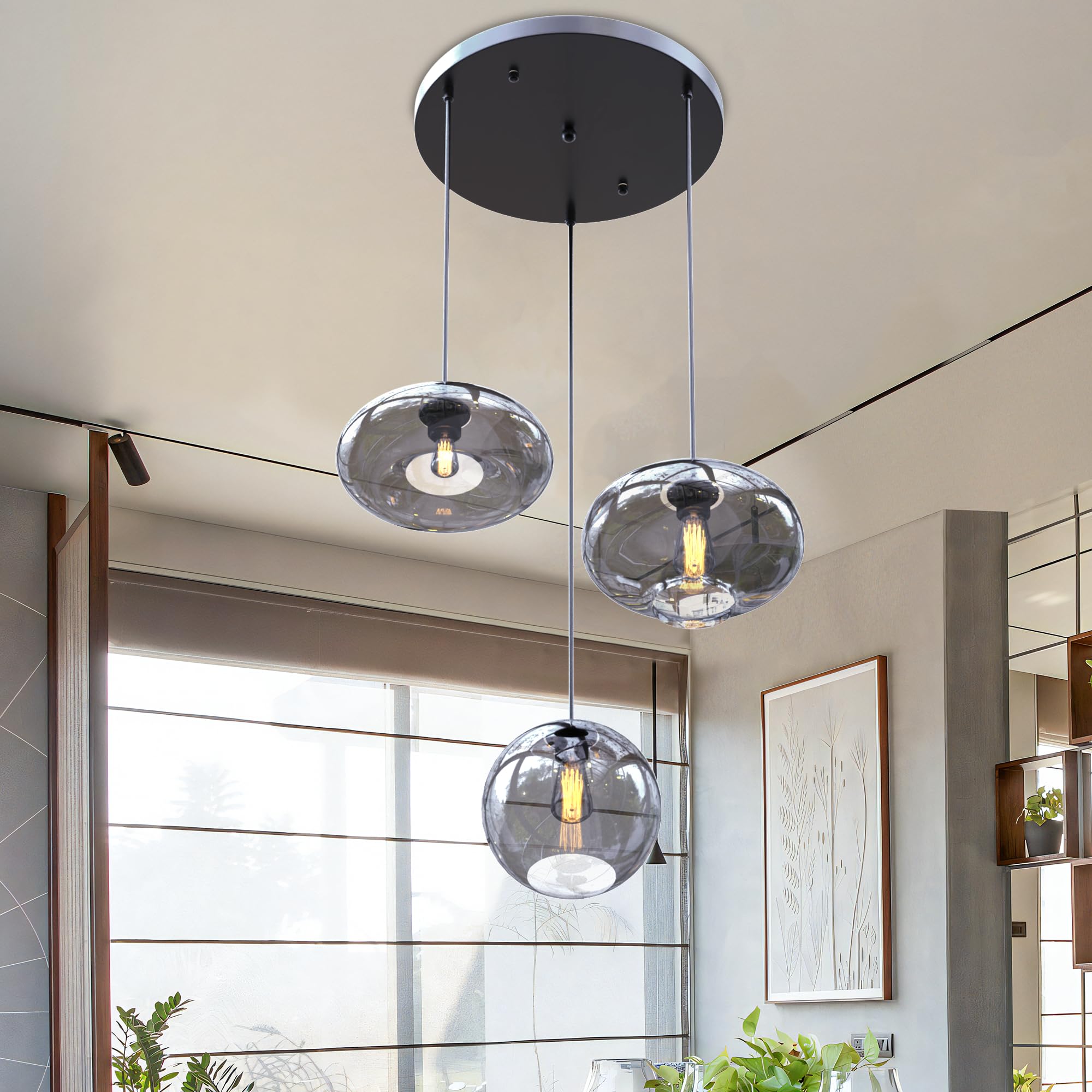 Modern 3 Lights Glass Pendant Light Smoky Gray Glass Globe Cluster Chandelier Lighting Fixtures Black Adjustable Kitchen Island Hanging Pendant Lighting Nordic Multi Lights Pendant Lamp