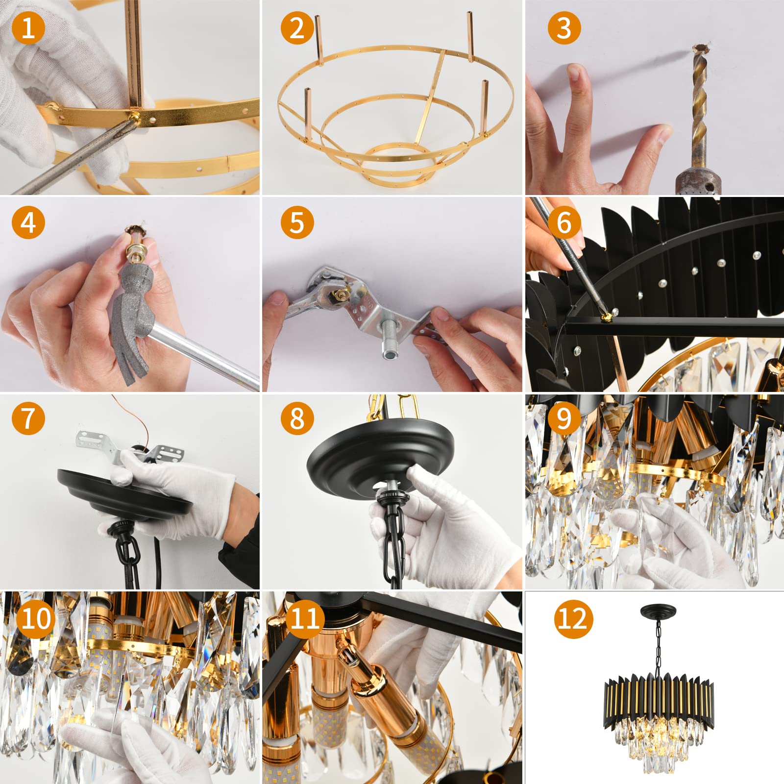 Modern Crystal Chandeliers 3 Tiers Black and Gold Chandelier Pendant Light Fixtures Round Flush Mount Chandeliers Ceiling Lighting for Living Room Dining Room Foyer Bedroom Entryway Kitchen W16in