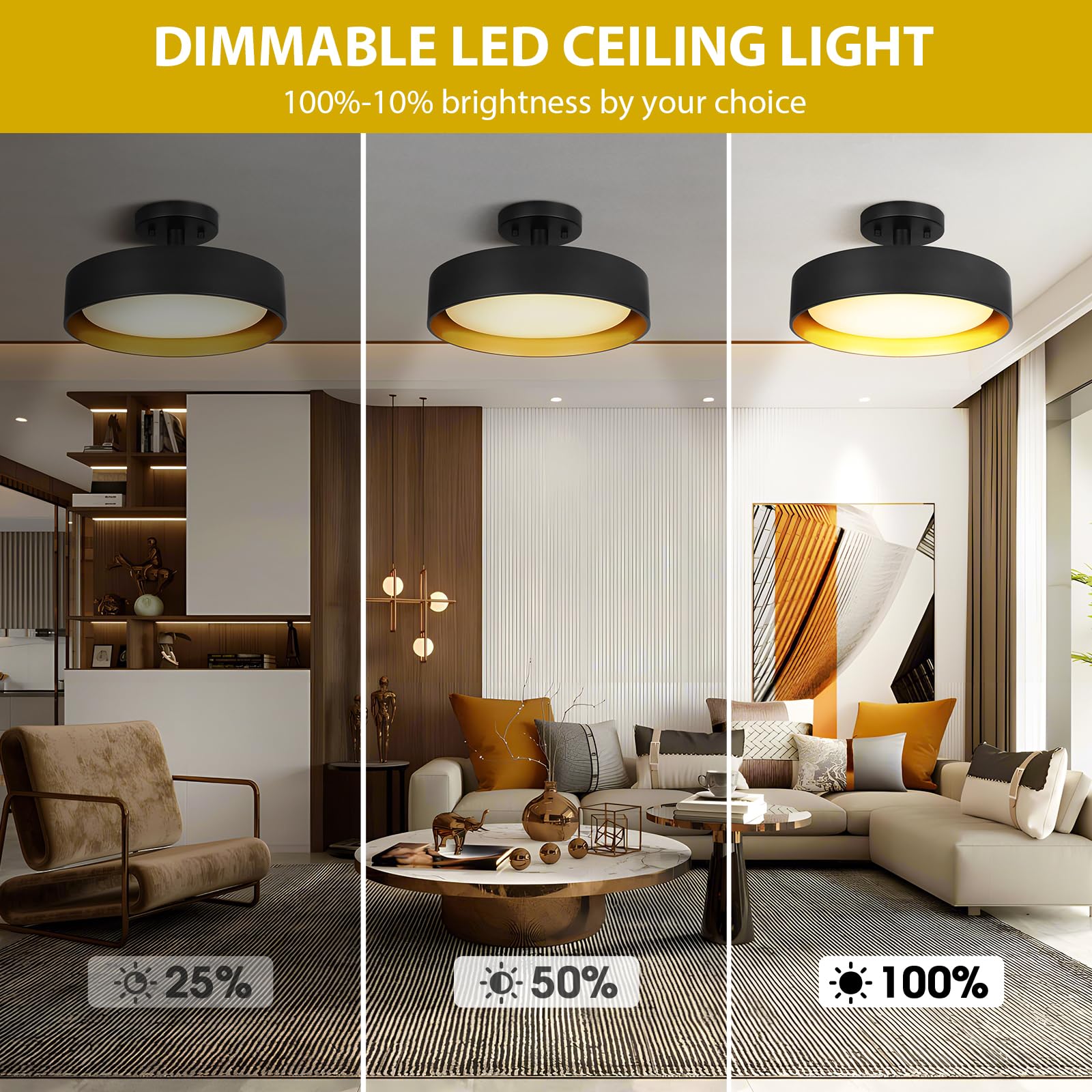 Semi Flush Mount Ceiling Light, 12 Inch 25W LED Ceiling Light Fixture Black, Gold Inside, 5000K Daylight White, Dimmable Lighting for Hallway