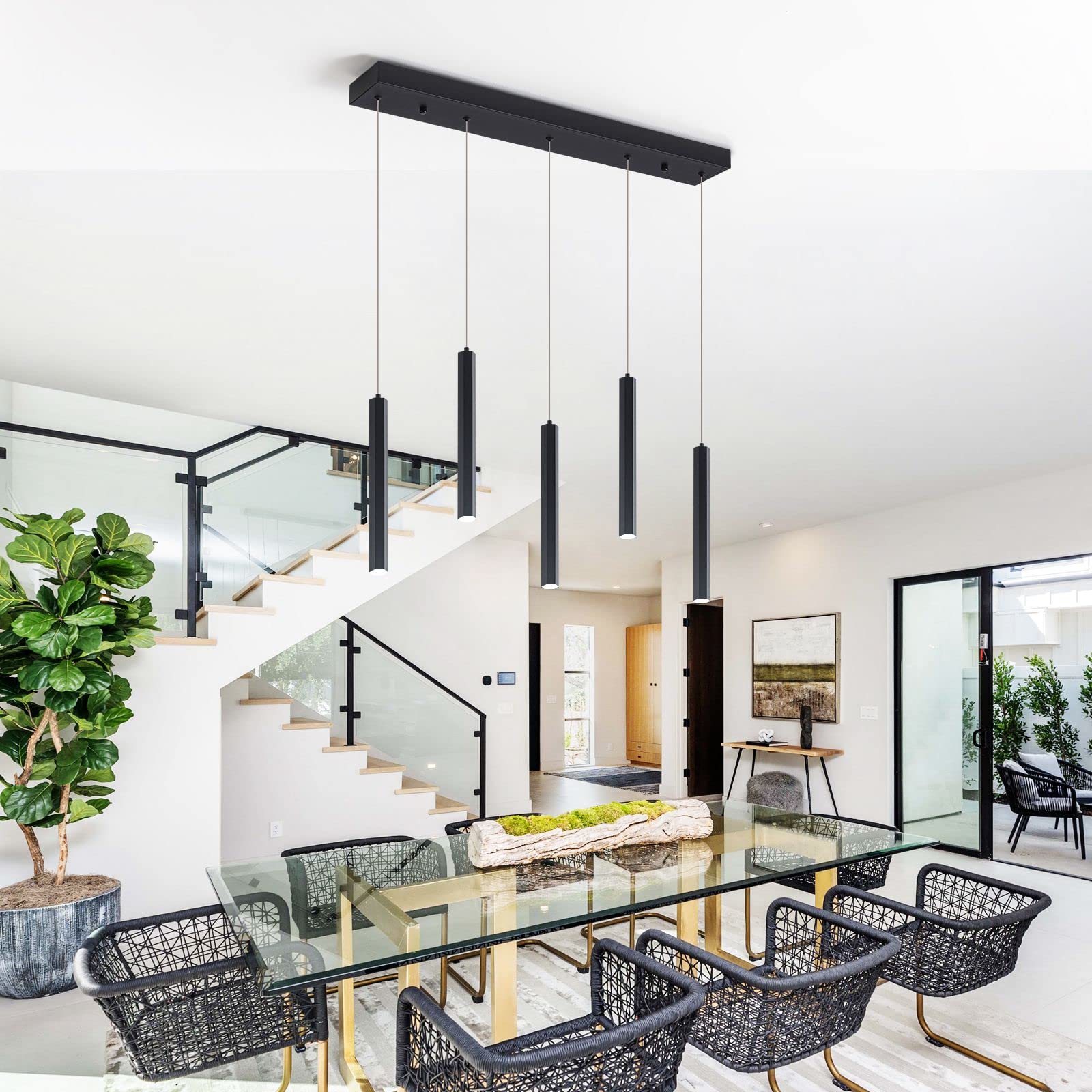 Modern Pendant Lighting 5-Light Linear Chandeliers Dimmable LED Pendant Lights Kitchen Island Lighting with Matte Black Finish and Acrylic Shades for Kitchen Island and Dining Room…