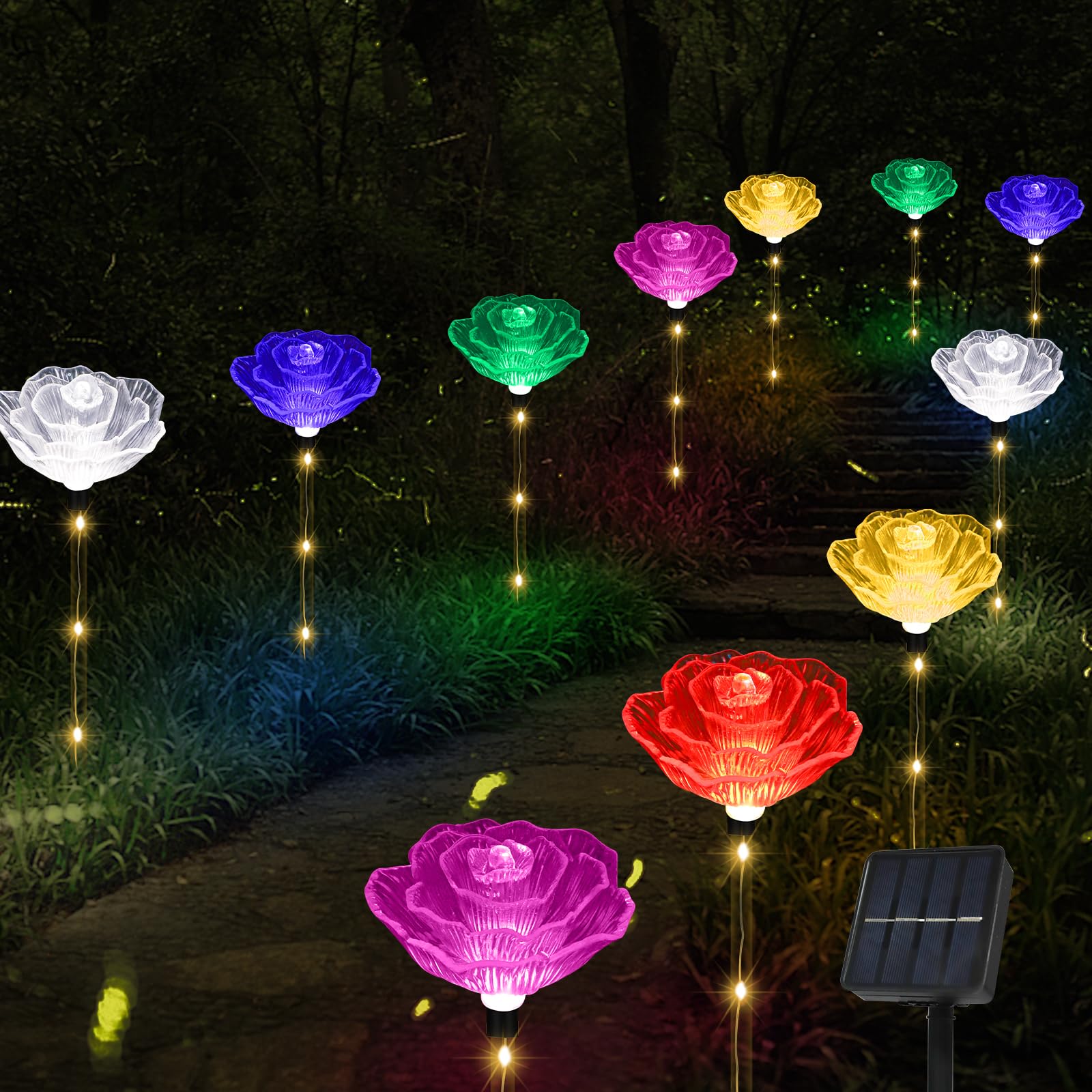 Solar Outdoor Lights,Set of 6 Solar Garden Lights with 6 Red Rose Flower,Waterproof Rose Stake Lights for Garden Yard Pathway Outside Decor