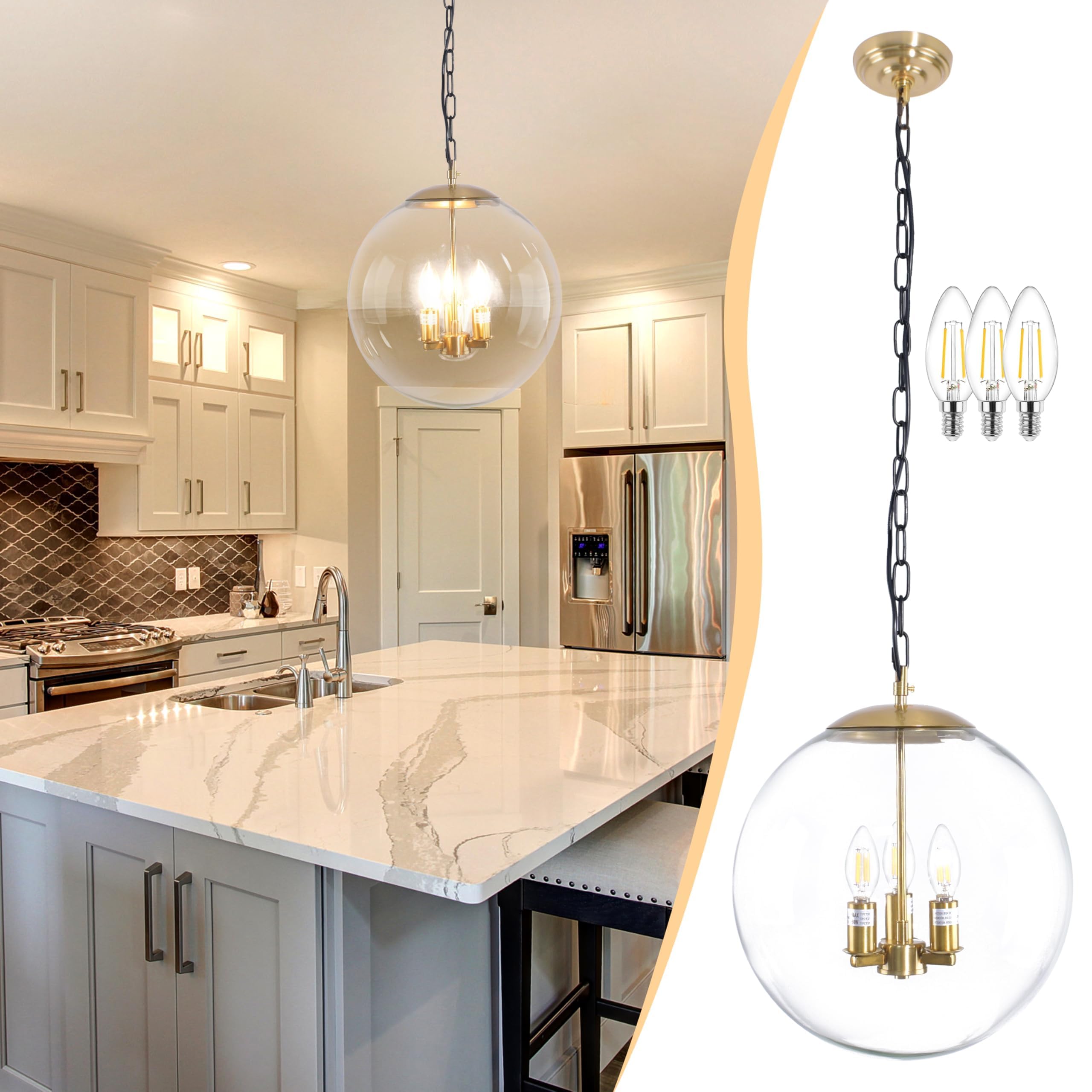 6-inch Mini Modern Globe Pendant Light Clear Glass with Brass Finish Contemporary Mid Century Adjustable Hanging Light Fixture for Living Room Bedroom Kitchen