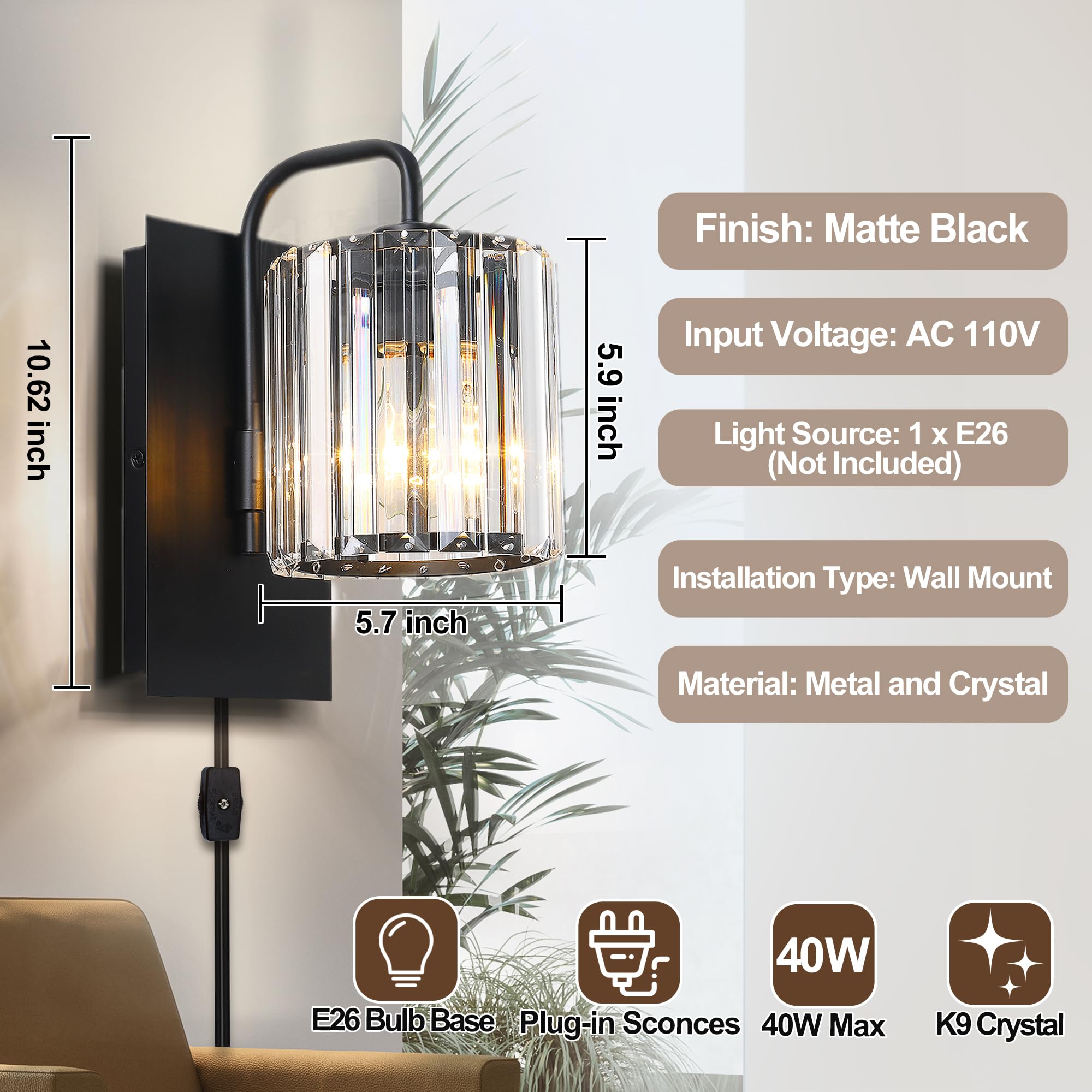 Crystal Wall Sconces,Black Wall Light Fixtures,Bedroom Wall Lights with Glass Shade,Modern Sconces Wall Lighting Black Sconce for Living Room Bathroom