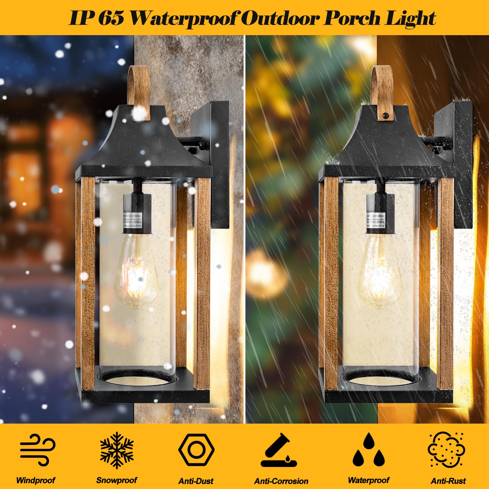 Large Outdoor Wall Light 17" H Light Fixture with Cylindrical Clear Glass Modern Wall Sconce for Patio Porch Courtyard, E26 Base IP65 Waterproof, Rustic Wood