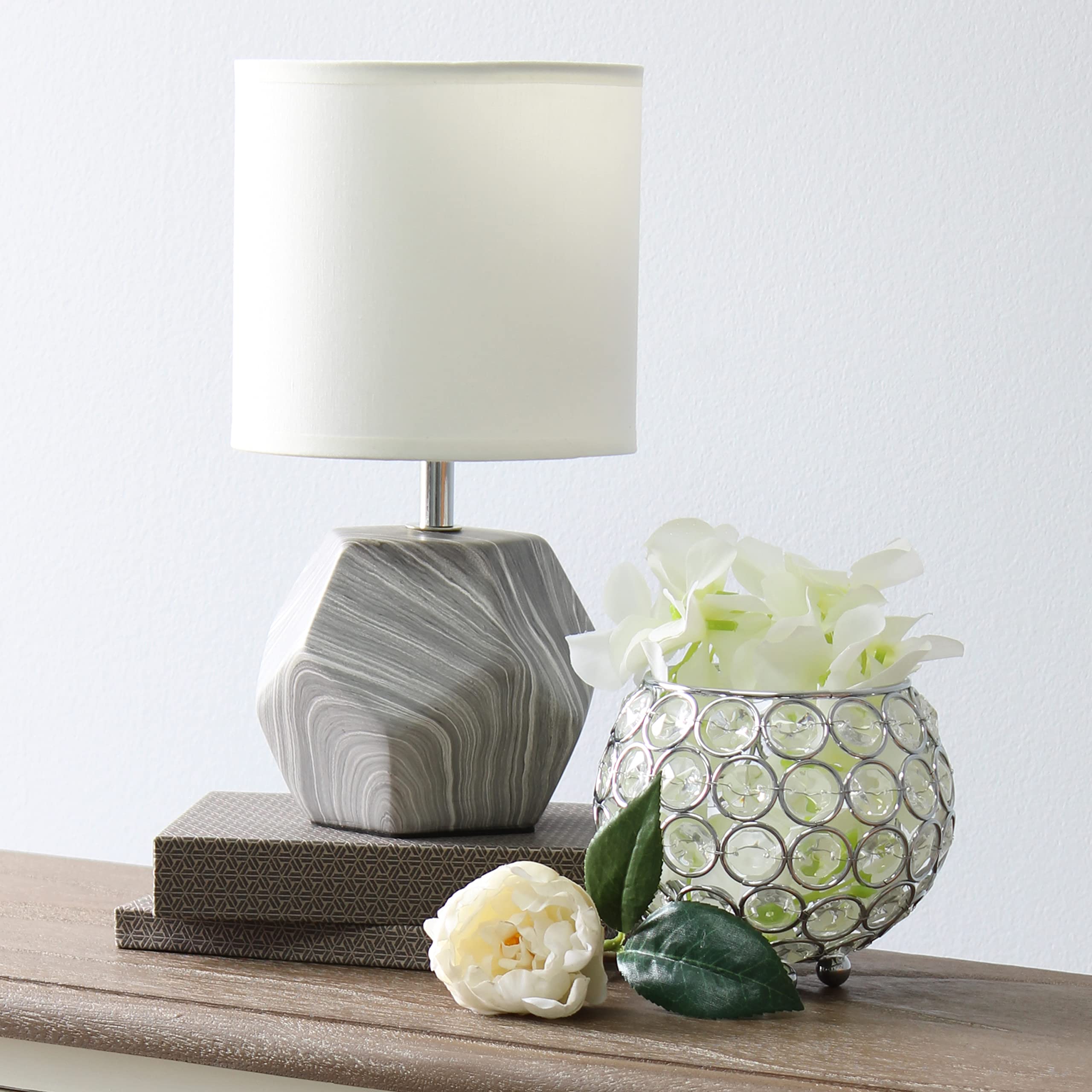 Round Prism Mini Table Lamp with Matching Fabric Shade, Gray