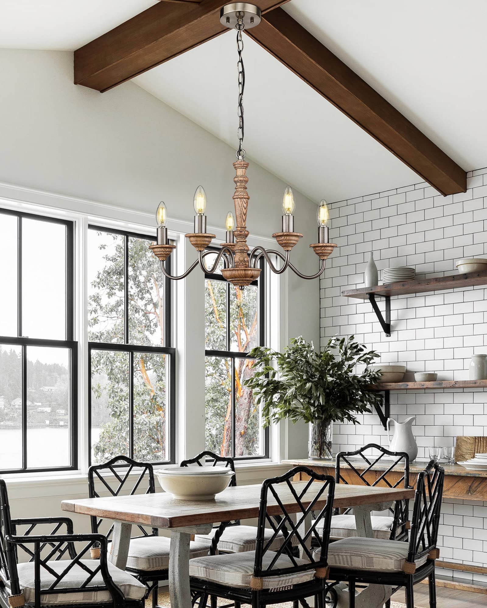 Chandelier, 21" Farmhouse Wood Chandelier, 5-Light Rustic Candle Pendant Light Fixtures for Dining Room,Living Room,Kitchen,Bedroom, LED Bulb Included, Handmade Distressed White