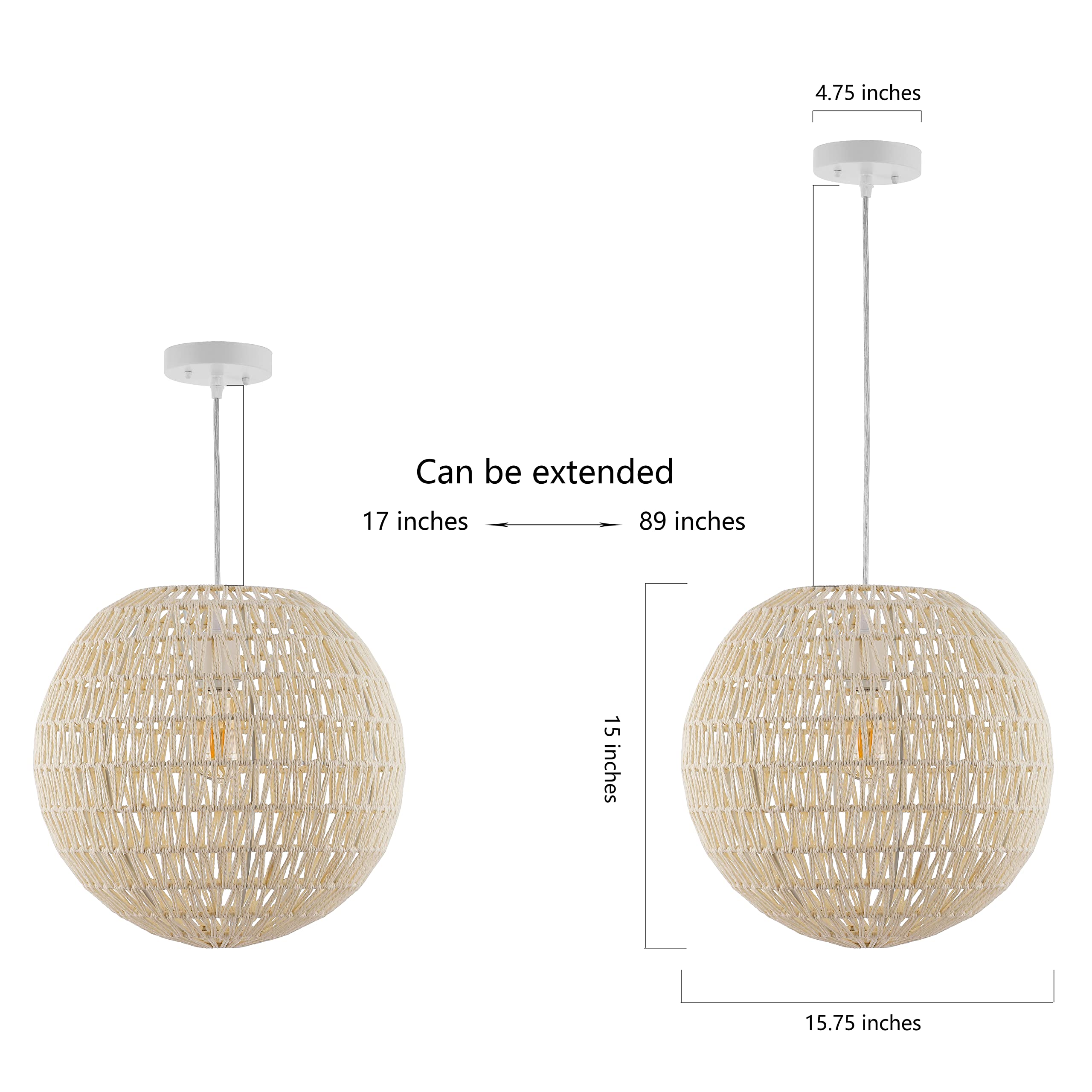 15.7" Woven Rattan Orb LED Pendant Minimalist Modern Contemporary Transitional Bohemian Modern Dimmable Adjustable Dining Room Living Room Kitchen Foyer Bedroom Hallway, White