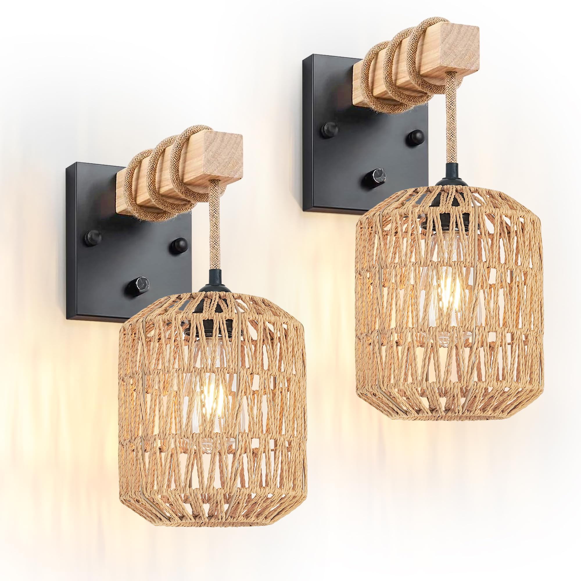 Rattan Plug in Wall Sconces Set of Two,Wicker Wall Lamp with Plug in Cord Hand Woven Rattan Plug in Wall Lamp Rustic Wall Lighting Boho Wall Sconces for Living Room Bedroom