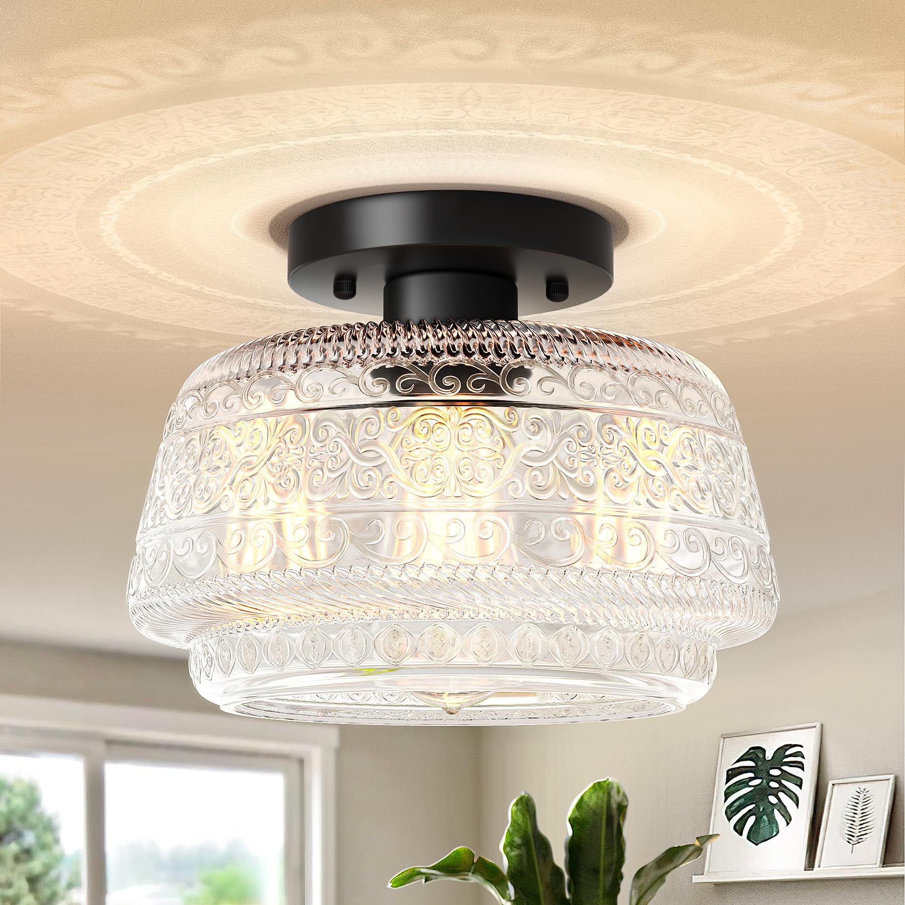 Semi Flush Mount Ceiling Light, Globe Glass Ceiling Light Fixture, Black Close to Ceiling Lighting, Indoor Kitchen Lighting for Hallway Porch Corridor Bedroom, Bulb Not Included