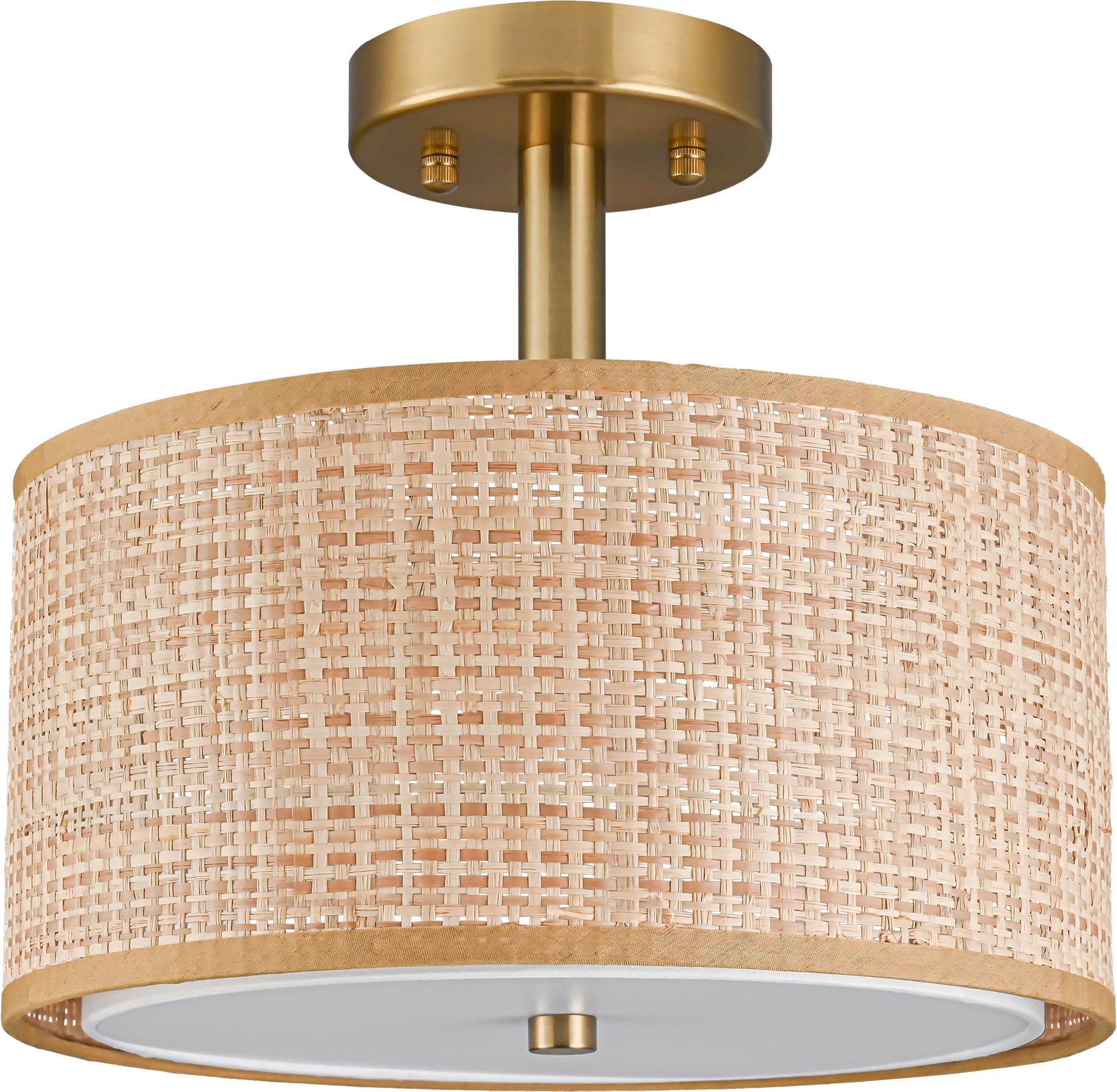 Semi Flush Mount Ceiling Light, Linen Fabric 12'' Drum Ceiling Light Fixture,Modern Gold Brass 3-Light Close to Ceiling Light Fixture for Dining Room Bedroom Living Room Hallway Kitchen