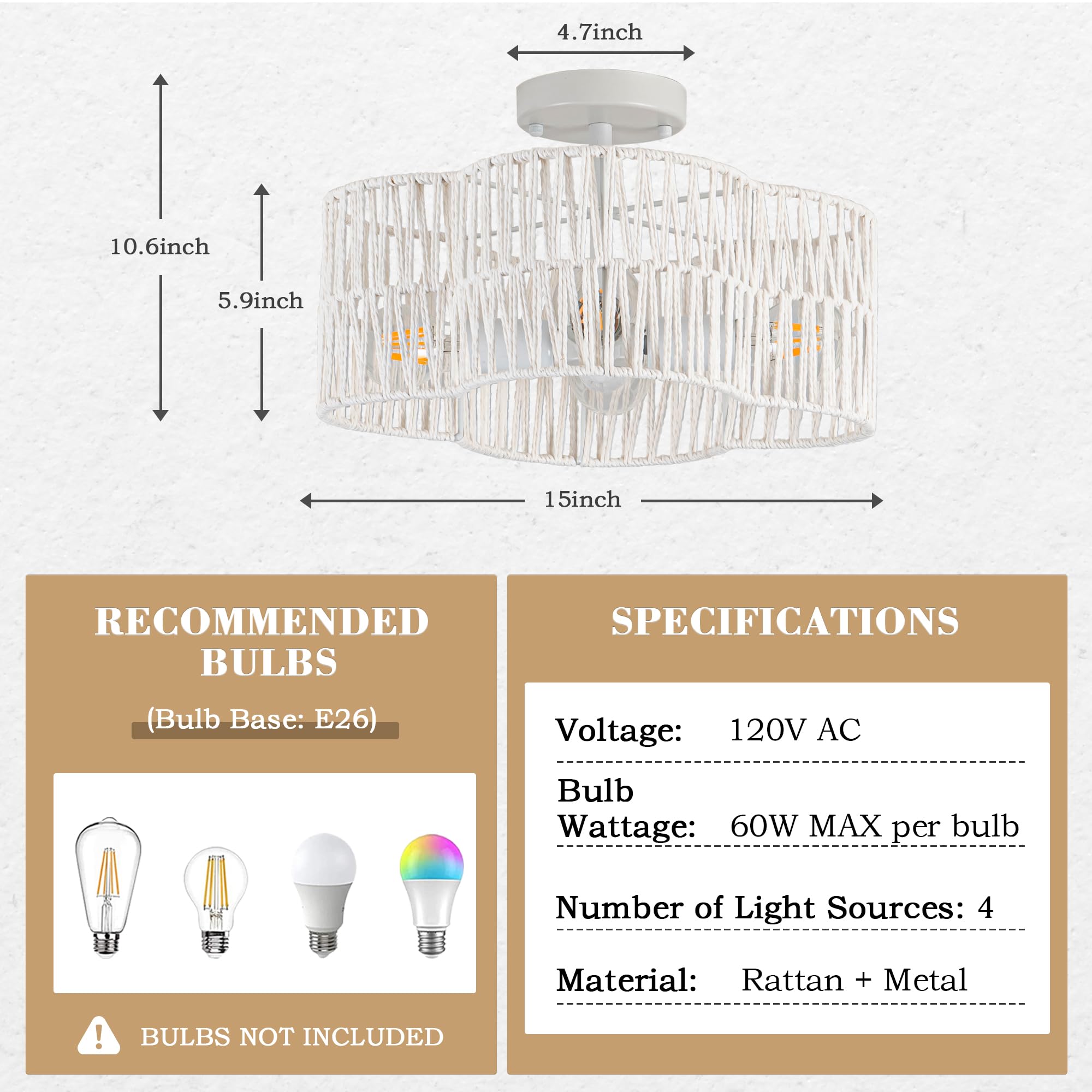 4-Light Rattan Semi Flush Mount Ceiling Light, 15" Boho Light Fixture with Hand-Woven Rattan Shade in Quatrefoil Shape, Farmhouse Boho Chandelier Wicker Light Fixture for Kitchen Bedroom Foyer