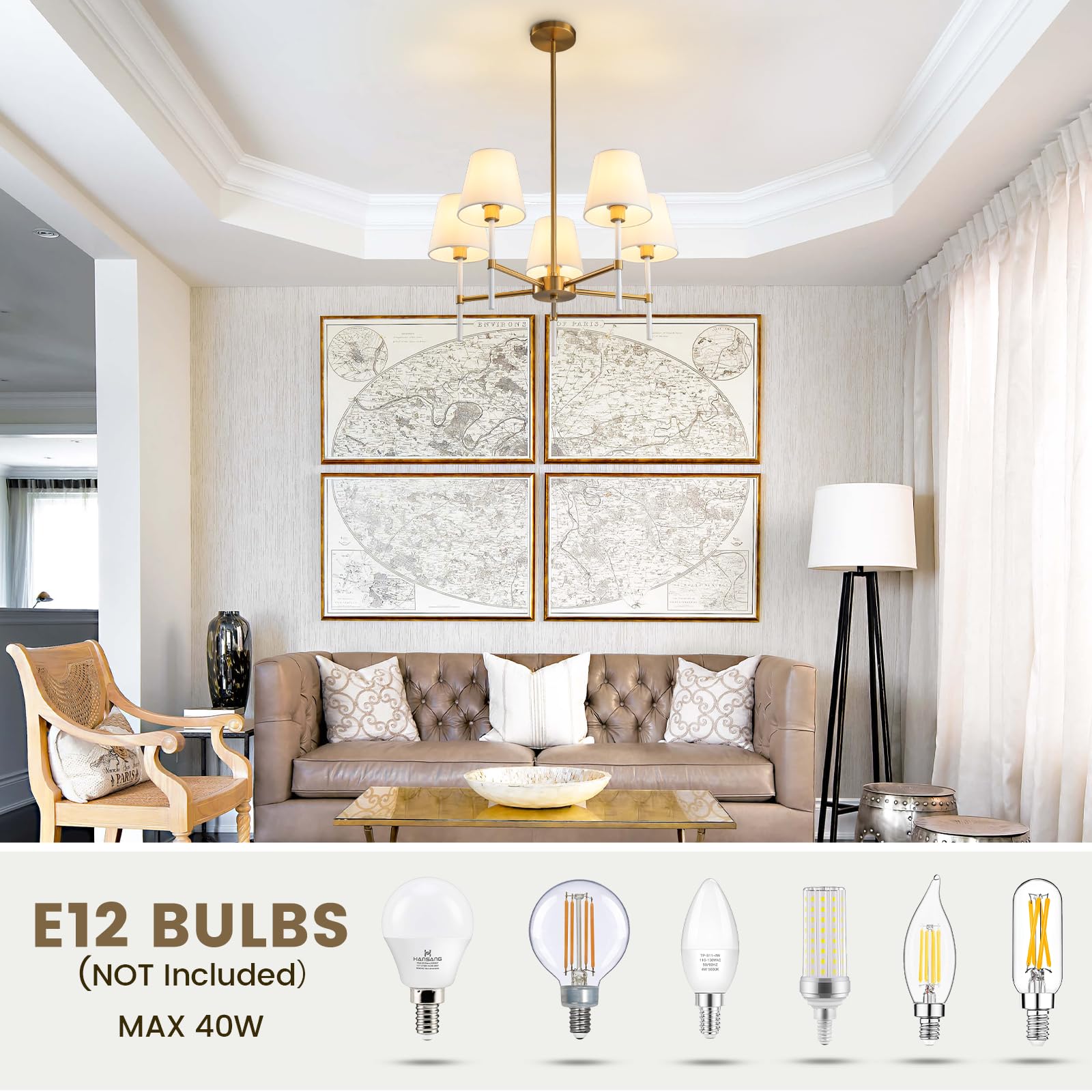 Dining Room Chandeliers Light - 5-Light White and Gold Modern Chandeliers Light Fixtures with White Fabric Shade, Height Adjustable Pendant Island Light for Entryway Farmhouse