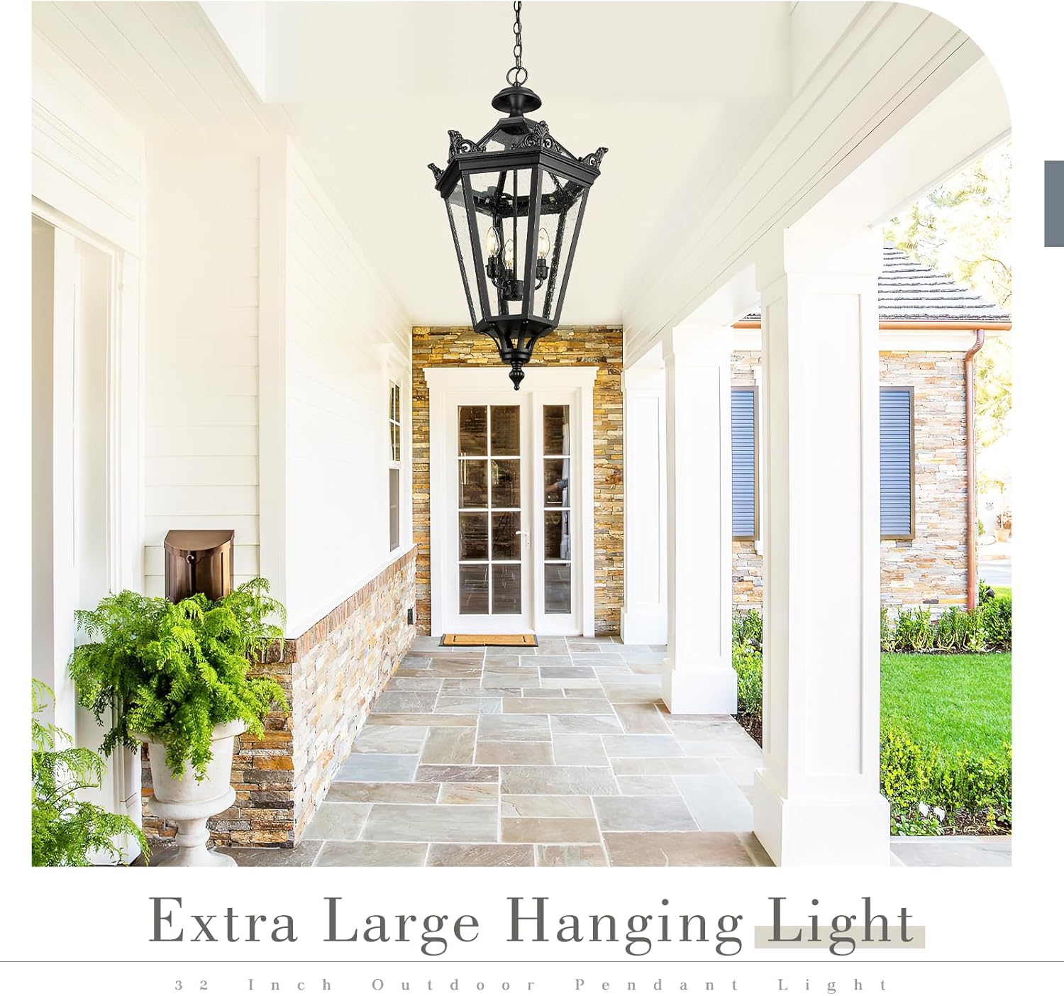 32 Inch Outdoor Front Door Hanging Light, Farmhouse Exterior Pendant Lantern Waterproof Ceiling Mount with Seeded Glass, Black Finish, XE283H BK