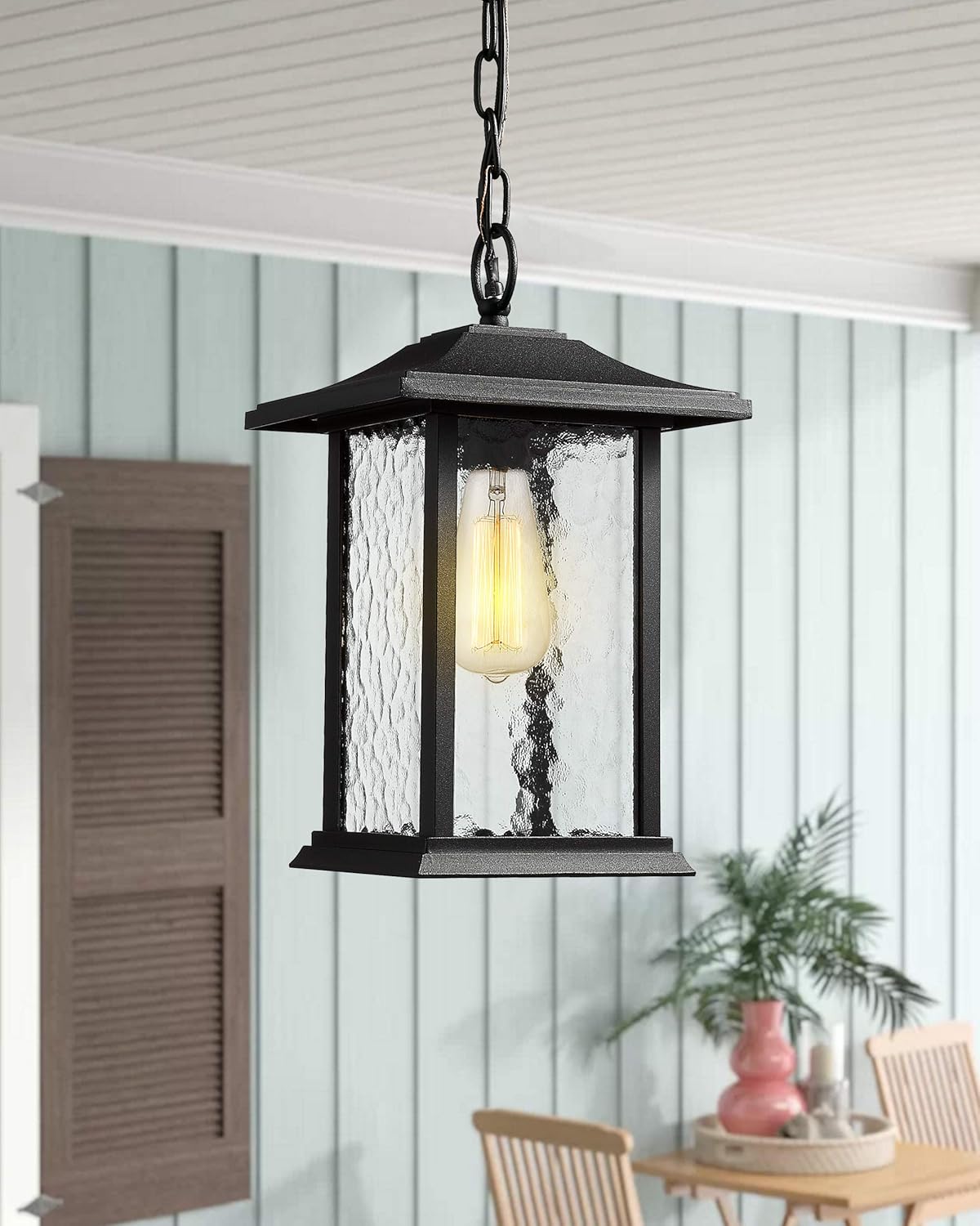 Outdoor Pendant Lights for Porch, 14"H Large Exterior Hanging Lantern Chandelier, Black Cast Aluminum w/Water Glass - A272H-1PK