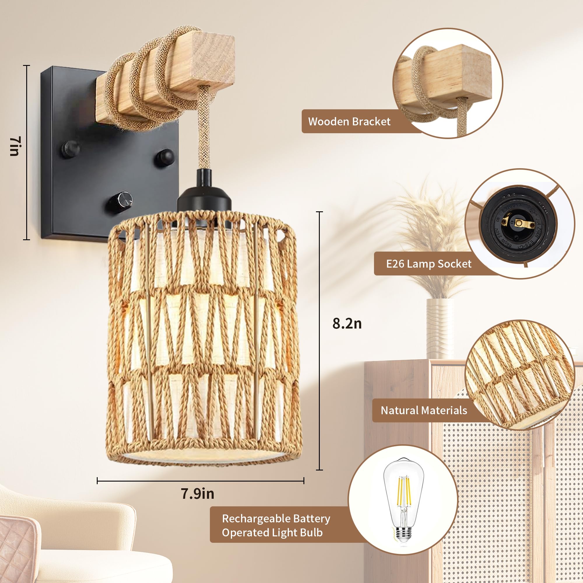 Rattan Plug in Wall Sconces Set of Two,Wicker Wall Lamp with Plug in Cord Hand Woven Rattan Plug in Wall Lamp Rustic Wall Lighting Boho Wall Sconces for Living Room Bedroom