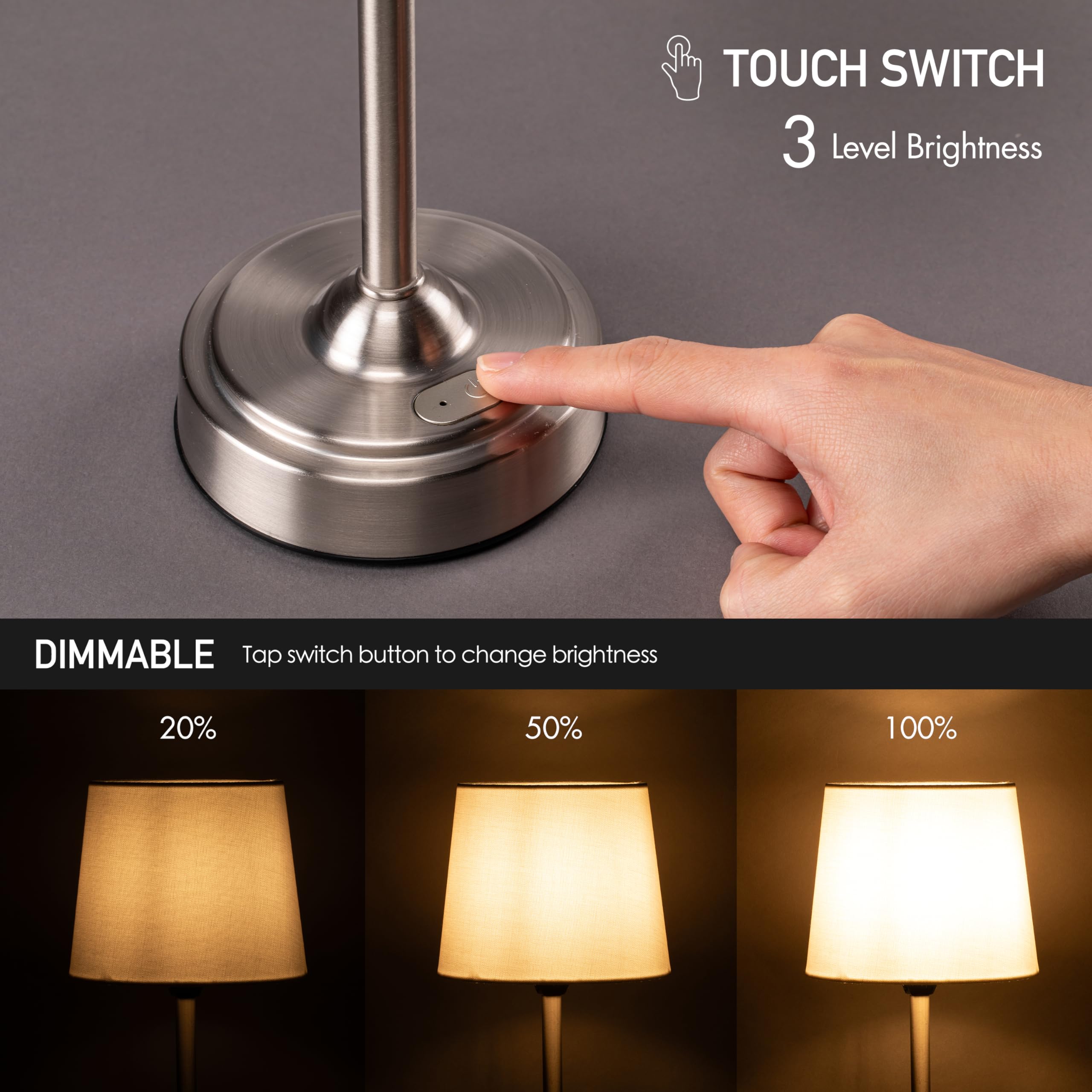 Cordless LED Table Lamp with Dimmer, Built-in Rechargeable Battery, 3-Level Brightness, Patio Table Lamp, Bedside Night Lamp, Ambient Light for Restaurant, Antique Brass