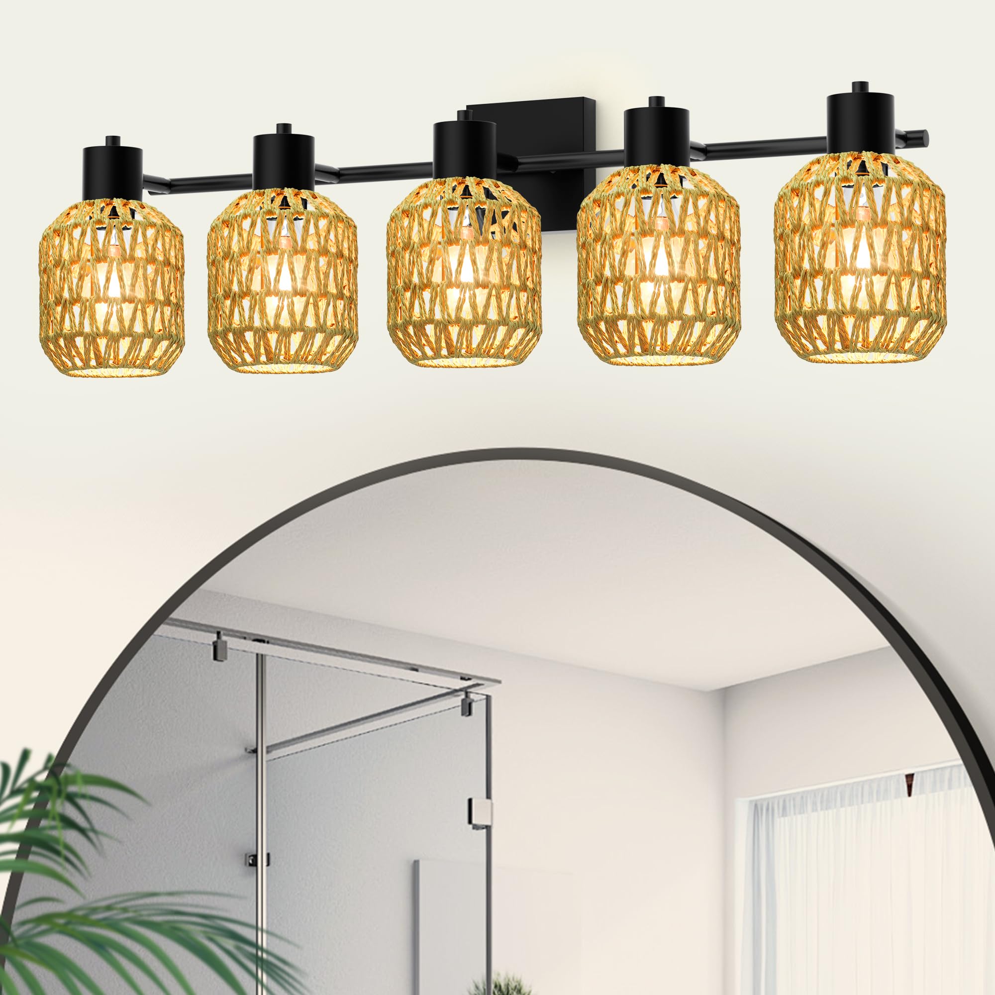 Rattan Wall Sconces Set of Two, Boho Bathroom Vanity Lighting Fixtures over Mirror, Hardwired Farmhouse Wall Lamp with 330°Adjustable Arm for Living Room, Bedroom and Hallway, E26 Base (Not Included)