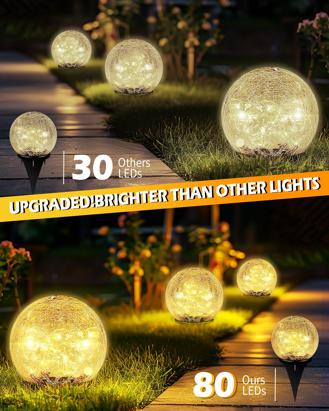 Garden Solar Ball Lights Outdoor Waterproof, 50 LED Cracked Glass Globe Solar Power Ground Lights for Path Yard Patio Lawn, Christmas Decoration Landscape Warm White(2 Pack 4.7'')