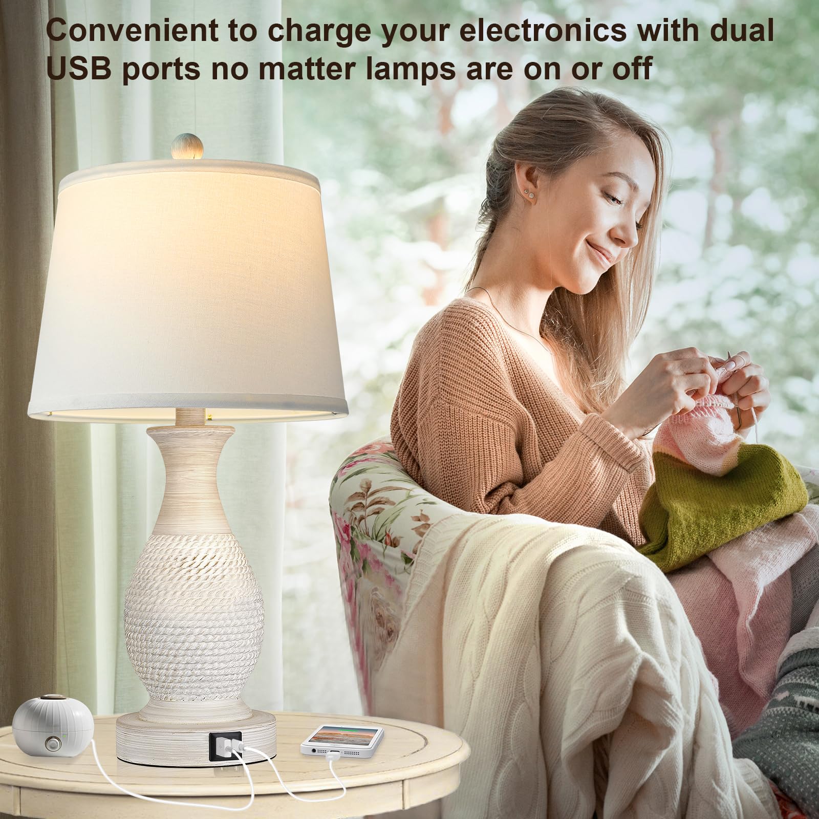 Set of 2 Table Lamps with USB C+A Fast Charging Ports, 26" Tall Farmhouse Living Room Lamp with 3-Way Dimmable Nightstand Lamp White Fabric Shade for Living Room Bedroom Home Office