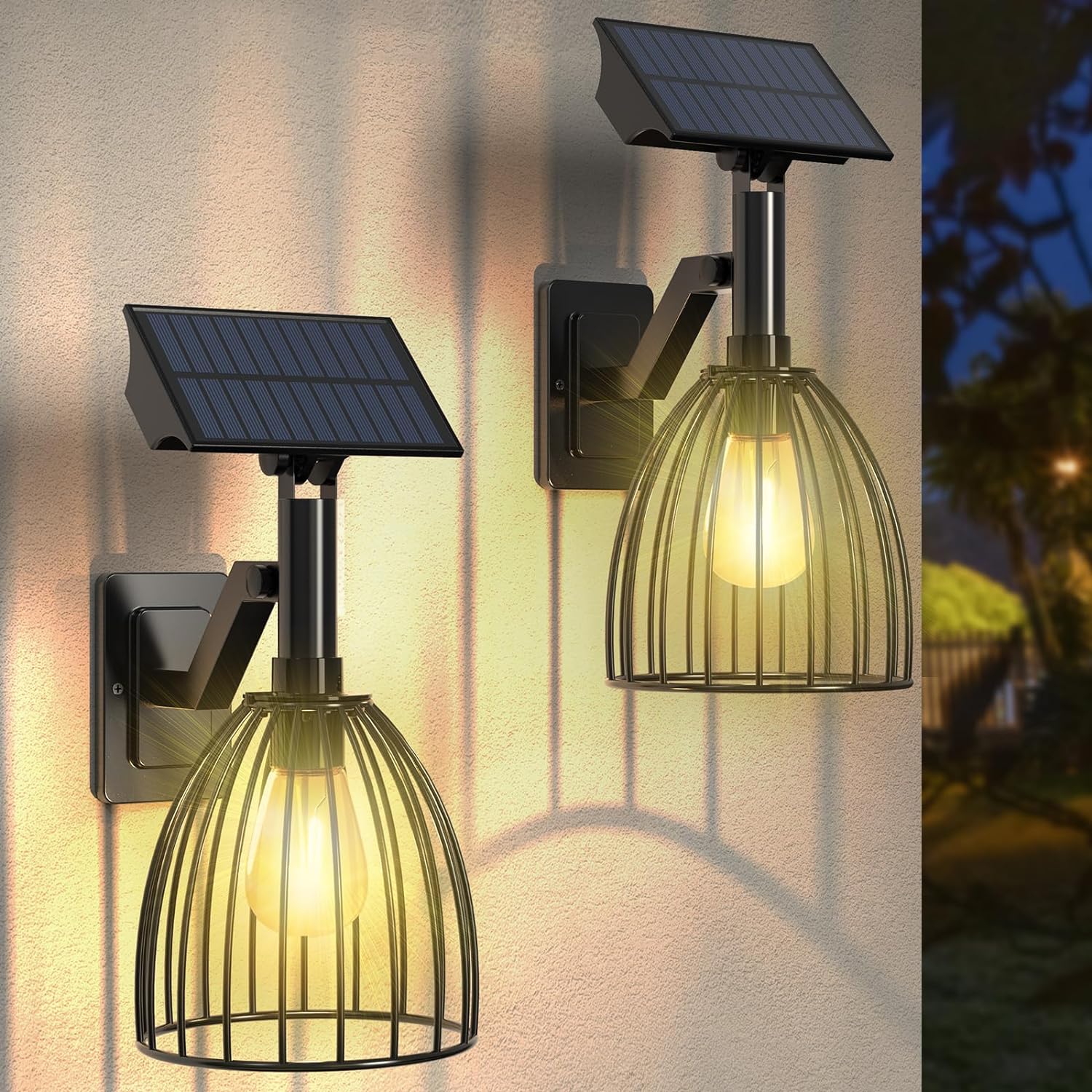 Solar Wall Lanterns Outdoor Dusk to Dawn Mount Wall Sconce, Anti-Rust IP65 Waterproof Exterior Led Lights Fixture,Curved Design Decorative for Garden Yard,Patio Fence Outside,2-Pack