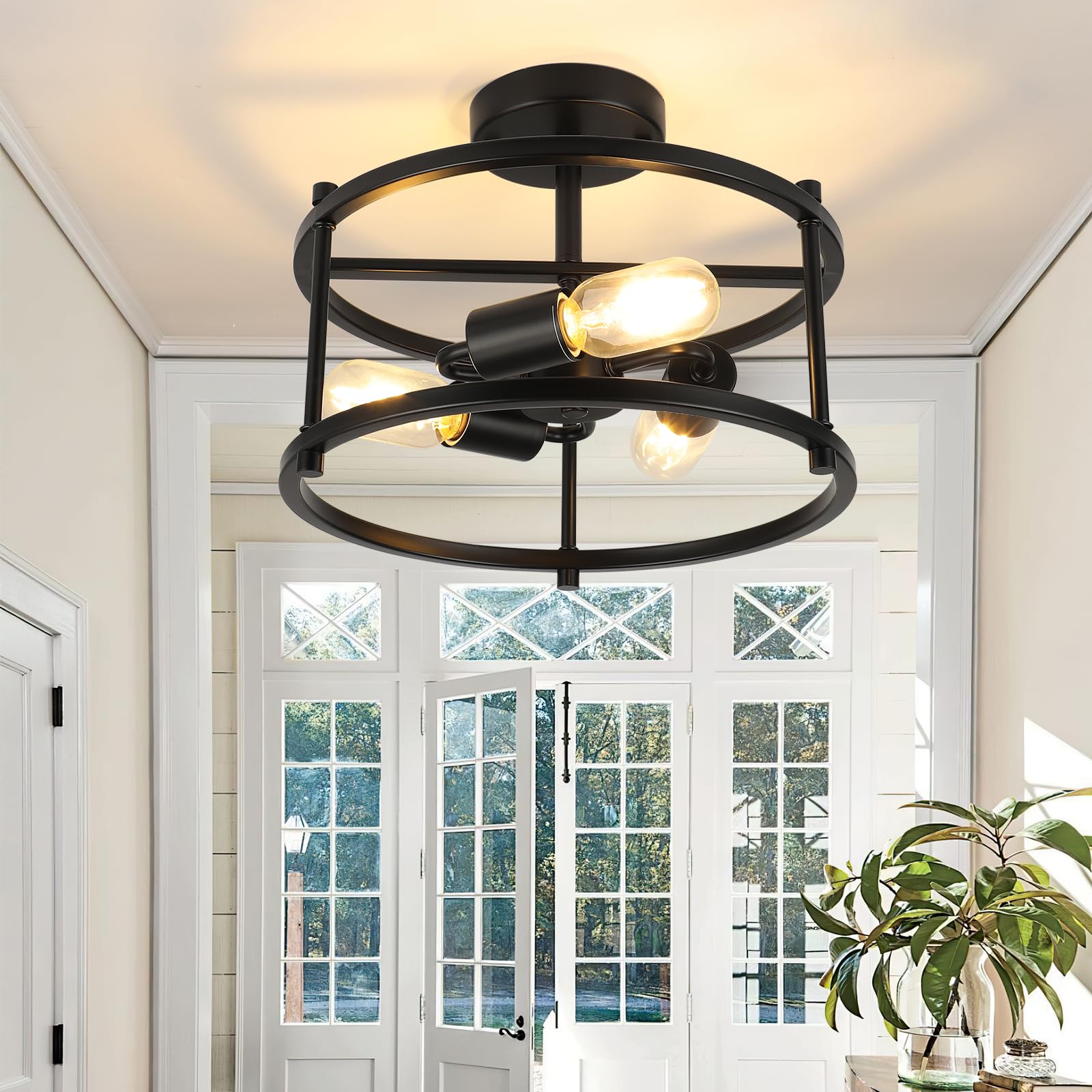 Semi Flush Mount Ceiling Light Brushed Nickel Ceiling Light Fixtures 3-Light Modern Kitchen Light Fixtures Metal Cage Ceiling Lights for Bedroom Dining Room Living Room Hallway Foyer